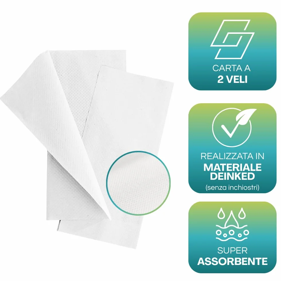 Asciugamani monouso di carta piegati a z 20,5 x 24 cm microgoffrato pura cellulosa 7500