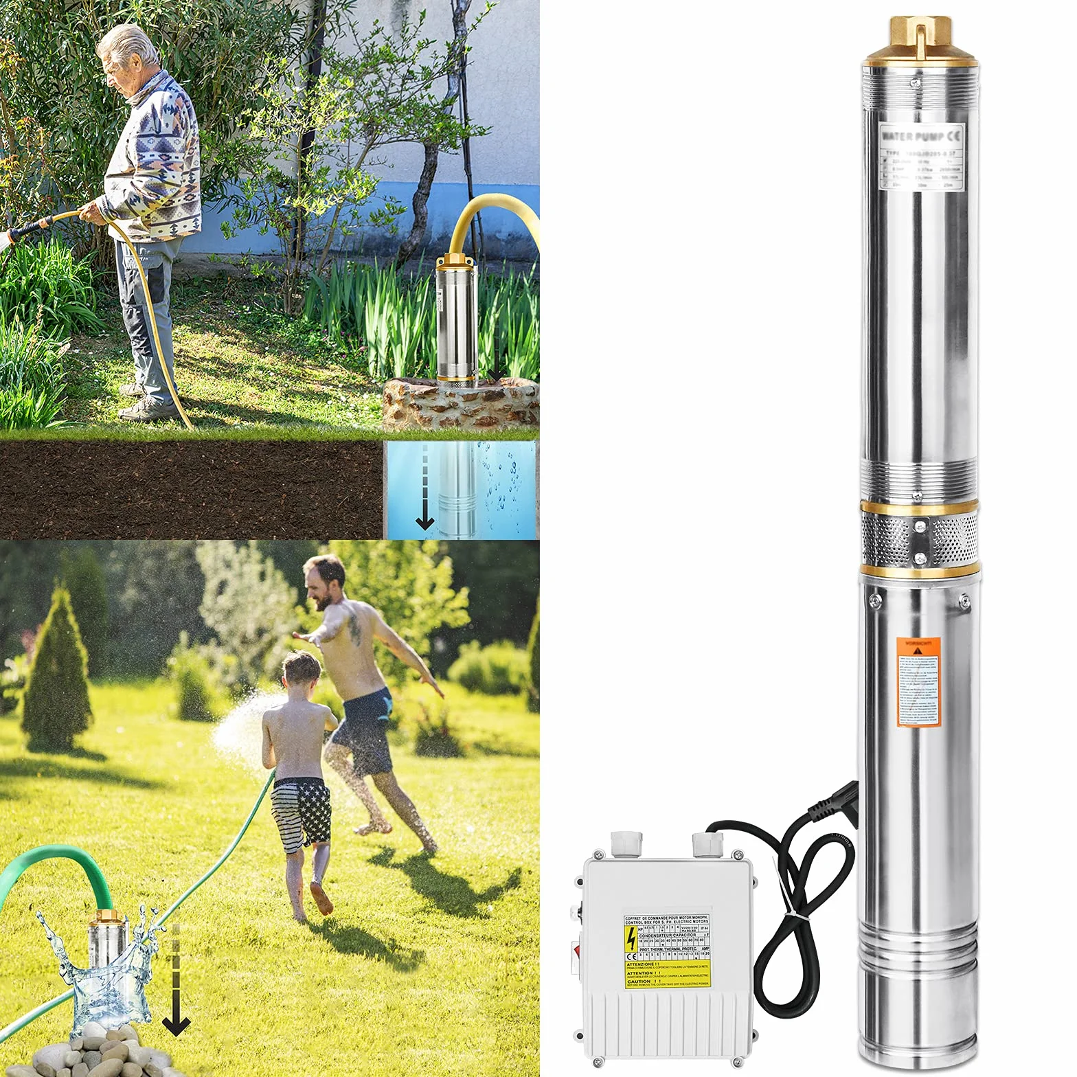 UISEBRT, pompa per pozzo profondo in acciaio inox, 1,1 kW/1,5 CV, portata fino a 4.000 l/h, pompa sommersa 1100 W, compatibile con sabbia, pompa a pressione sommersa