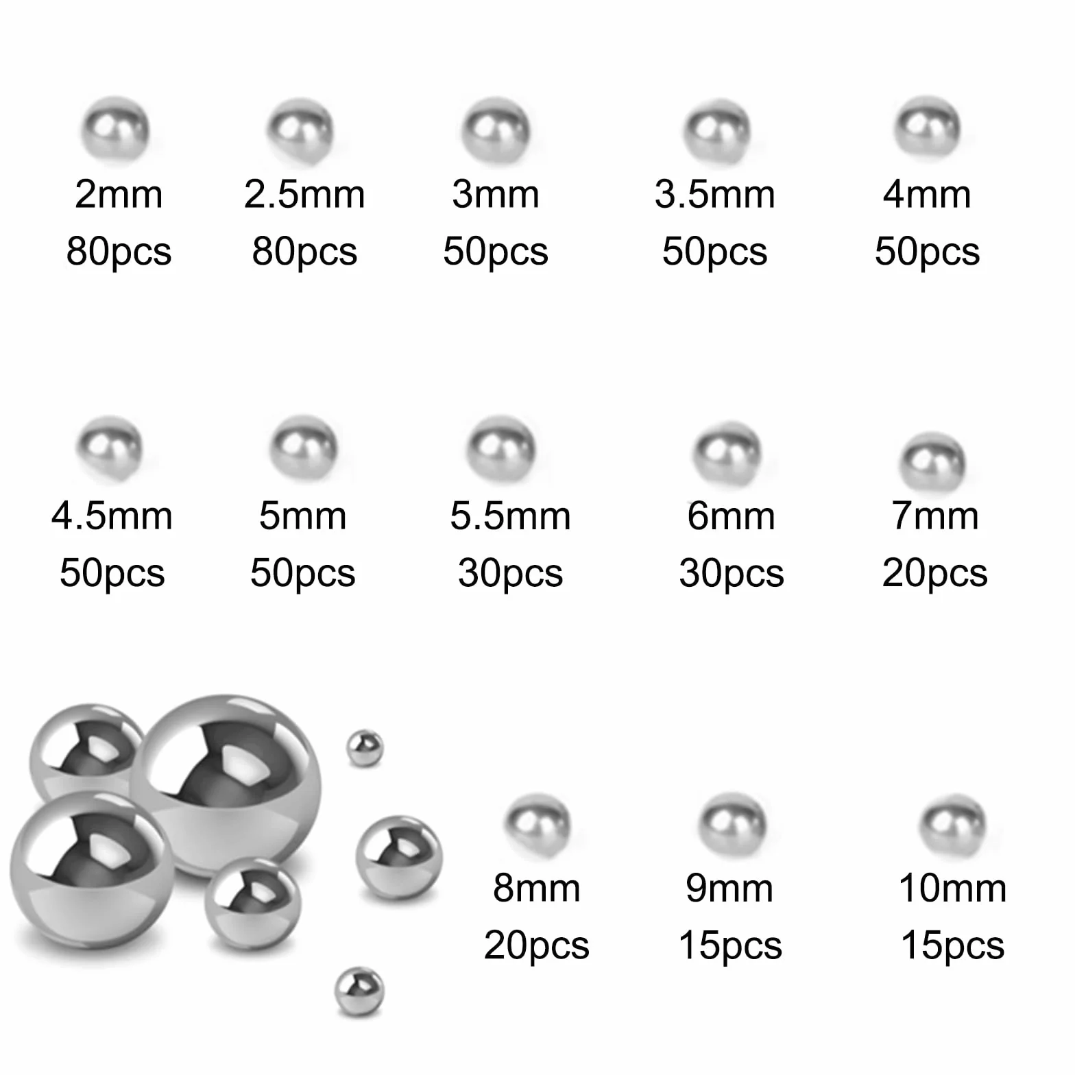 Cuscinetti a Sfera in Acciaio, 540 Pezzi Sfere Acciaio Cuscinetto Bici 2-10 mm, Kit Assortimento