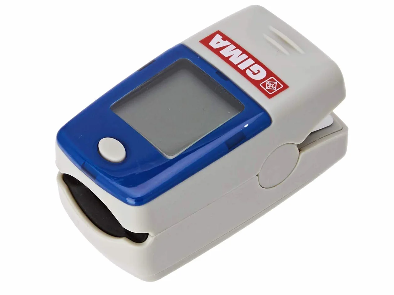 GIMA Oxy-5 Saturimetro Pulsoximetro da Dito, 10-22 mm, Portatile, Saturazione Battito Perfusione, Display LCD, Allarmi Visivi Acustici