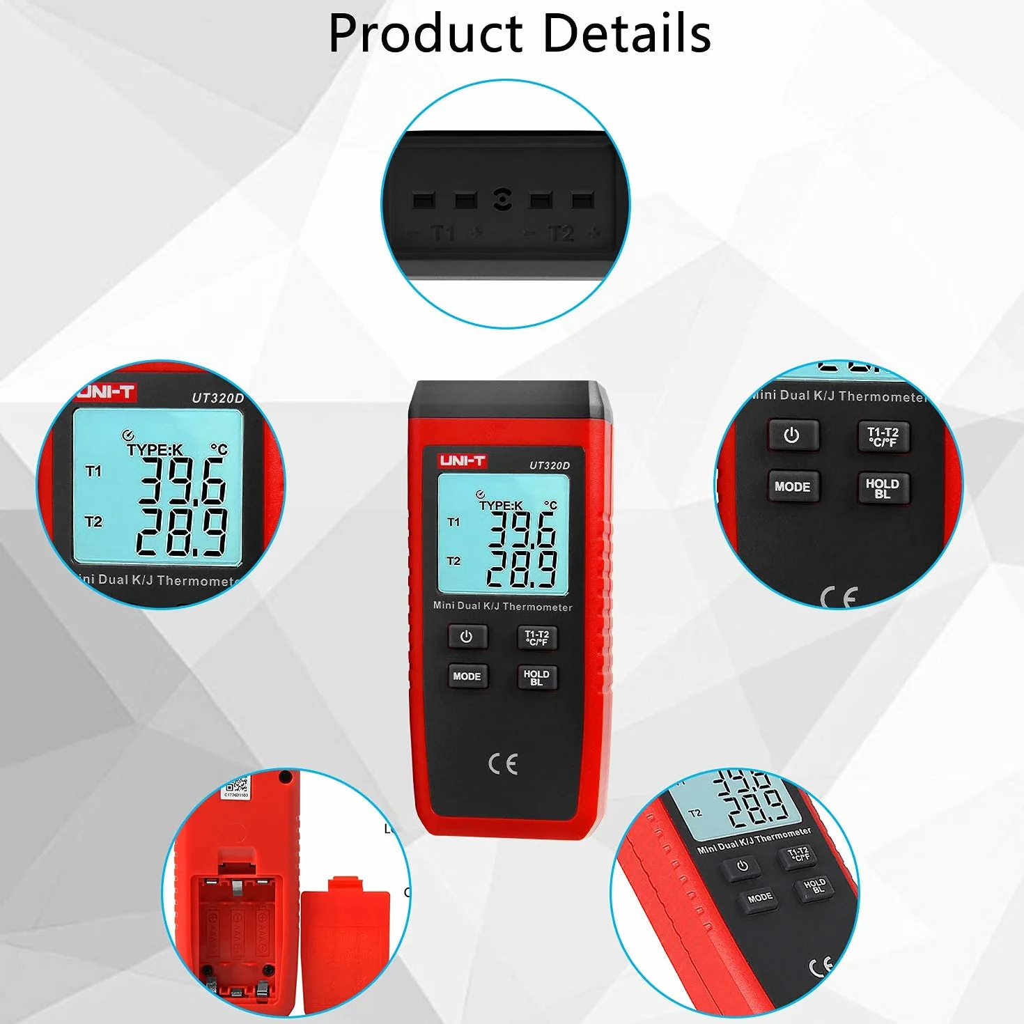 UT320D Mini Termometro Dual-channel K/J Termocoppia con retroilluminazione LCD