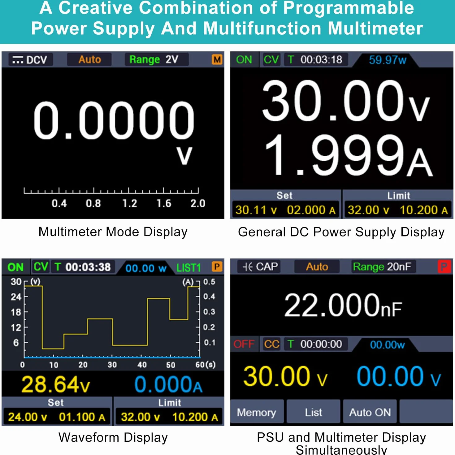 Kiprim 2 in 1 Alimentatore da Banco Programmabile e Multimetro (0-30 V, 0-10 A) Alimentatore da Laboratorio DC310Pro con Memoria Dati, alta Precisione, OCP, OVP, Software per PC e Ricarica USB