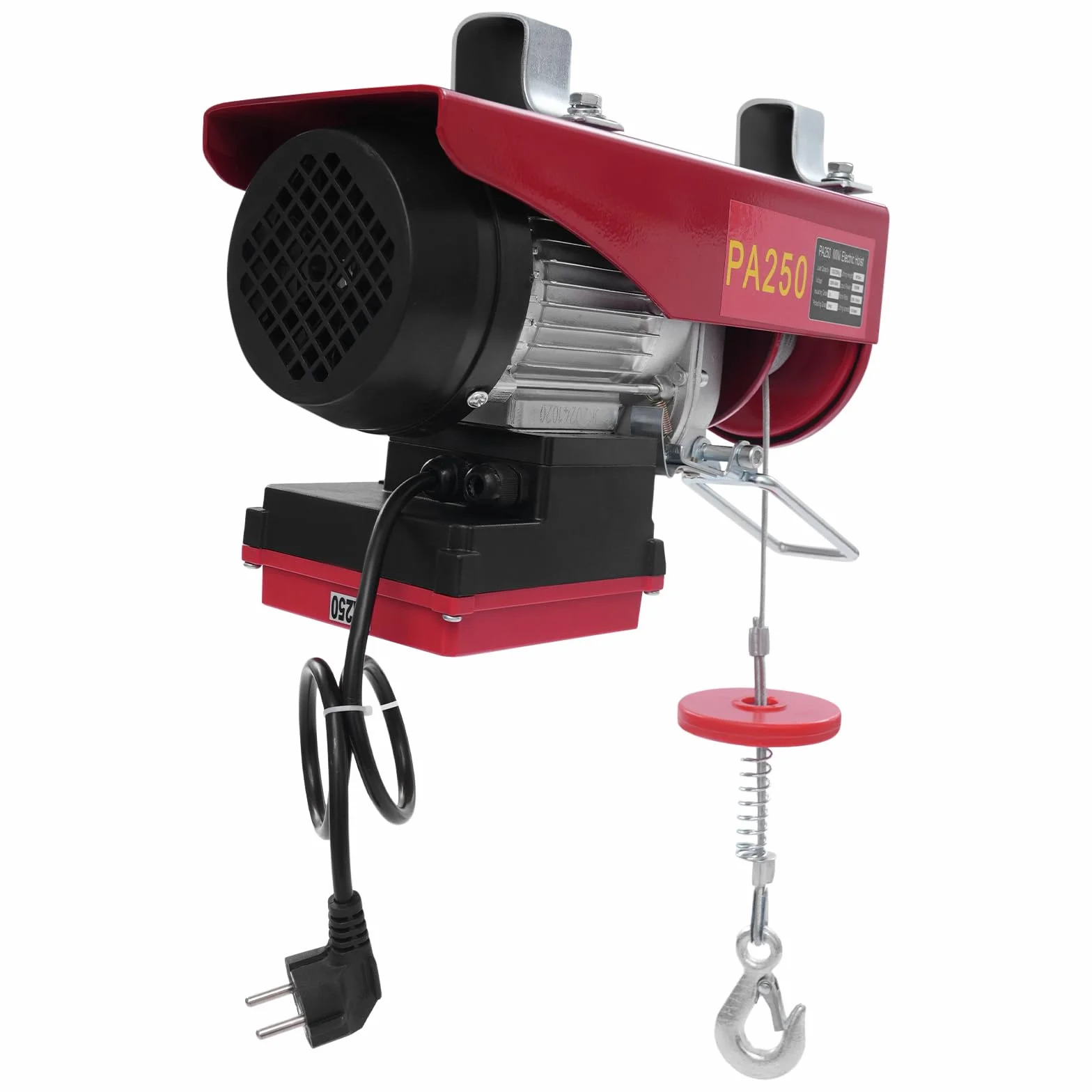 Argano elettrico 250 kg di sollevamento 12 m di altezza, con cavo di sollevamento. Argano elettrico con telecomando senza fili e braccio orientabile - Sollevamento sicuro. Argano elettrico a