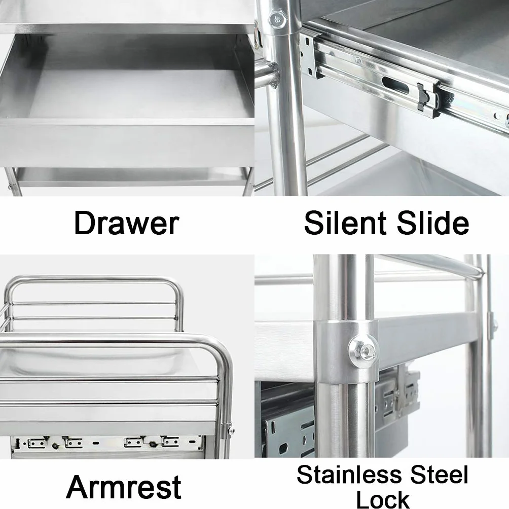 Carrello Medico, Multifunzionale Carrello da Cucina, Acciaio Inossidabile con Carrello da Laboratorio per Ospedale, con Ruote Bloccabili - 2/3 Strati