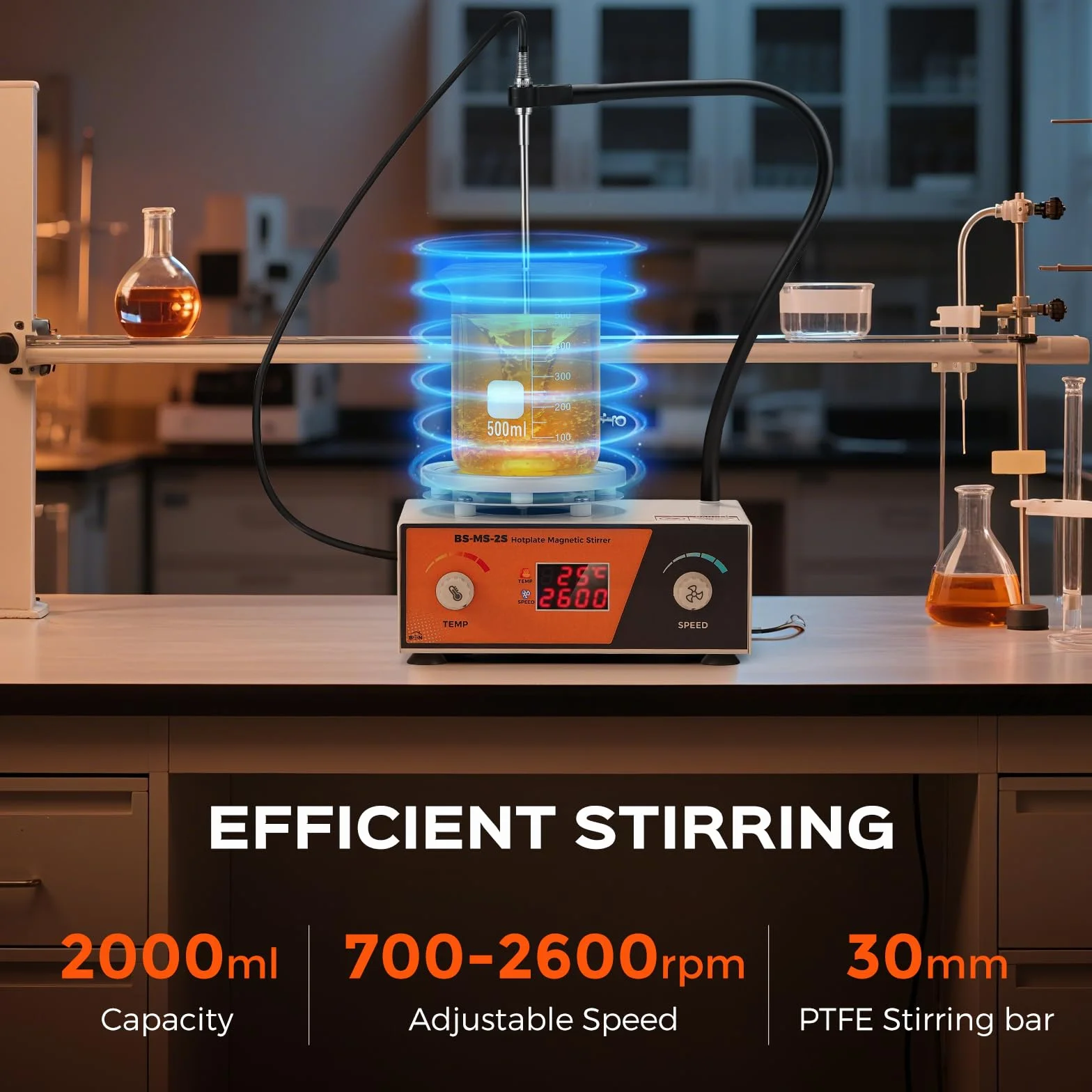 Bonviosin Agitatore Magnetico con Piastra Riscaldante 2L, Display Digitale 700-2600 RPM, Mixer da Laboratorio 100℃ 180W, Asta Supporto Sensore Pieghevole, 120x120 mm (EU)
