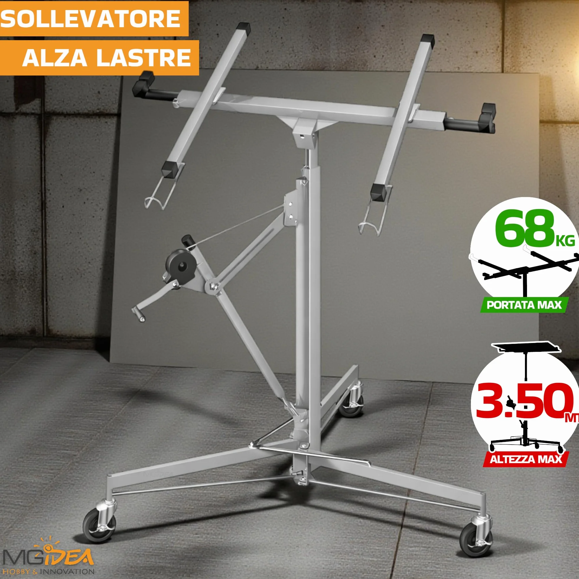 ALZA LASTRE SOLLEVATORE PANNELLI CARTONGESSO SUPPORTO REGOLABILE 68KG 3,5 M RICHIUDIBILE CON RUOTE BLOCCABILI ACCIAIO