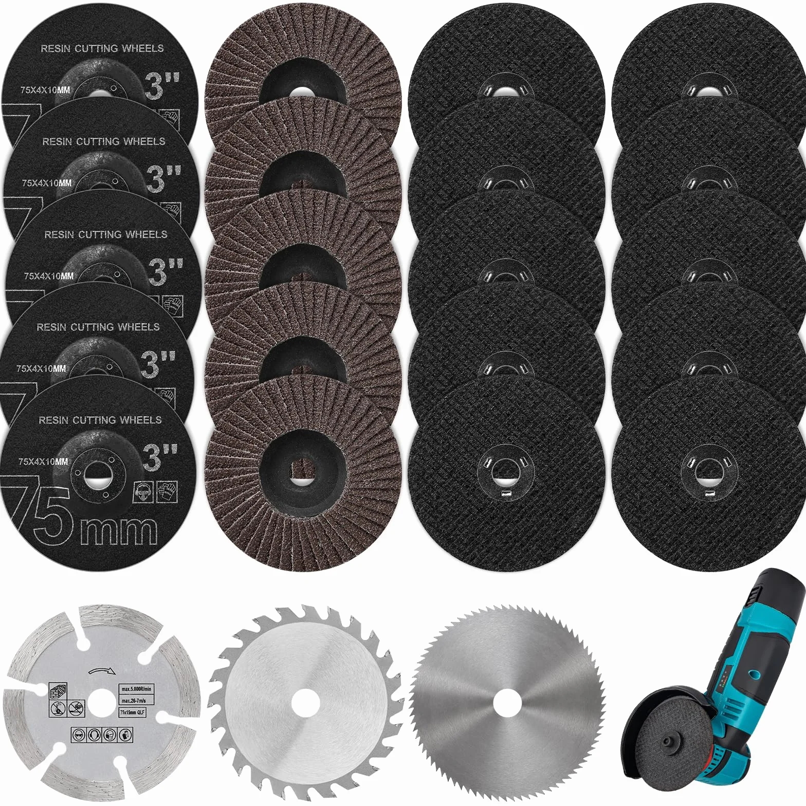 Set di 23 dischi da taglio e a ventaglio, 75 mm, 75 x 1,2 x 10 mm, dischi da taglio per piccole Flex, mini smerigliatrice angolare per levigare, tagliare e lucidare metallo, legno, pietra e plastica
