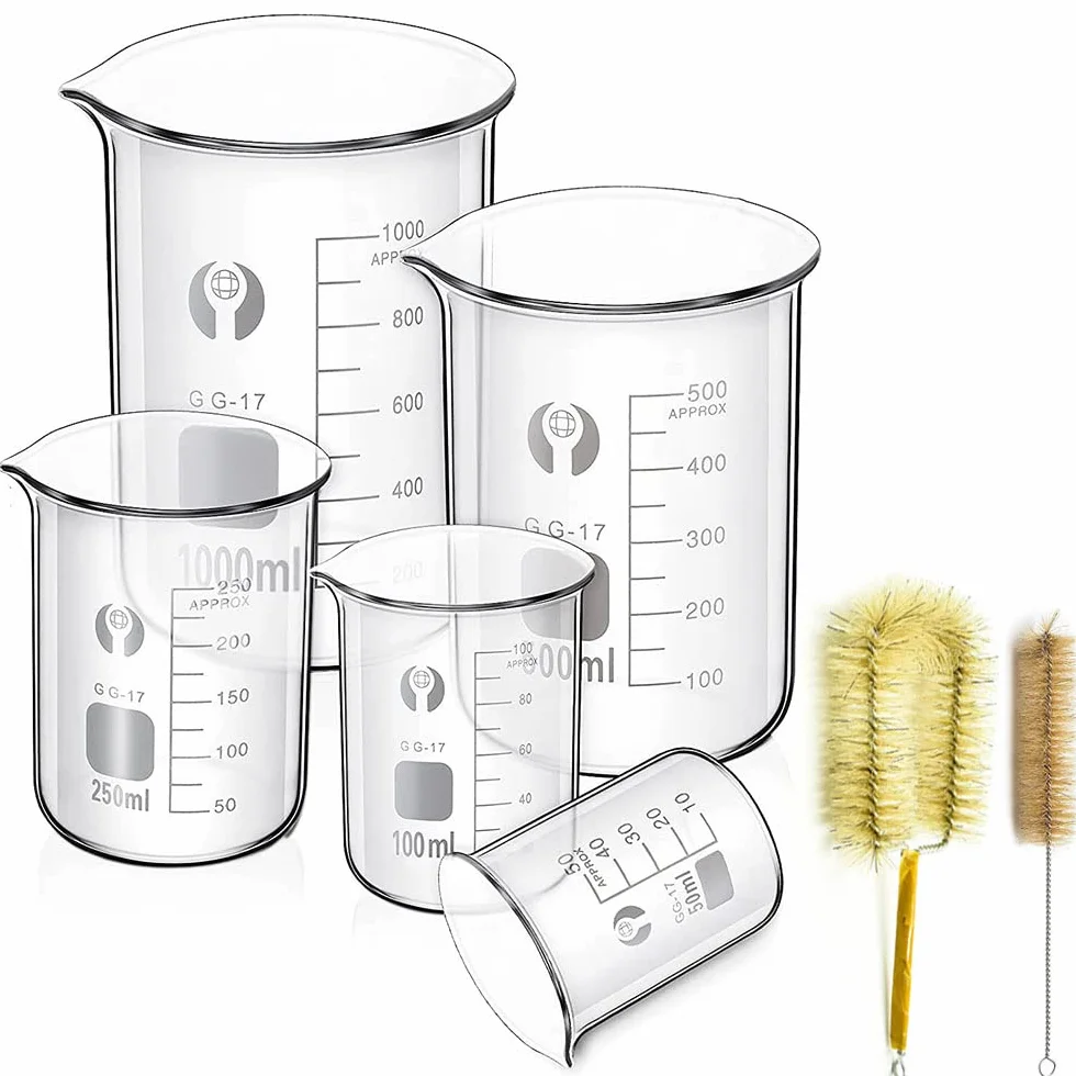 Becher Graduato in Vetro Borosilicato, JESSTOLO 5 Pezzi Graduato Misurazione Bicchiere 1000ml 500ml 250ml 100ml 50ml con 2 Pezzi Spazzolini di Pulizia, per Laboratorio Esperimento Chimico Medicina
