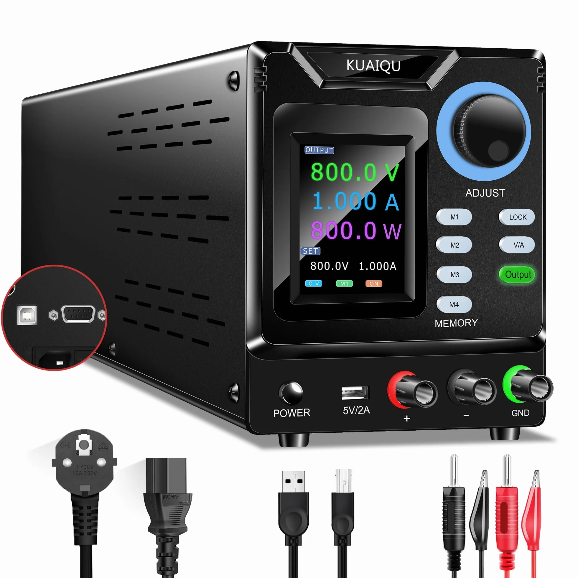 Alimentatore da Laboratorio Programmabile 800V 1A Alta Tensione Alimentatore da Banco con Memoria/OUTPUT/Encoder/Blocco, Alimentatore Regolabile con Display LCD a Colori e Porta di Ricarica USB