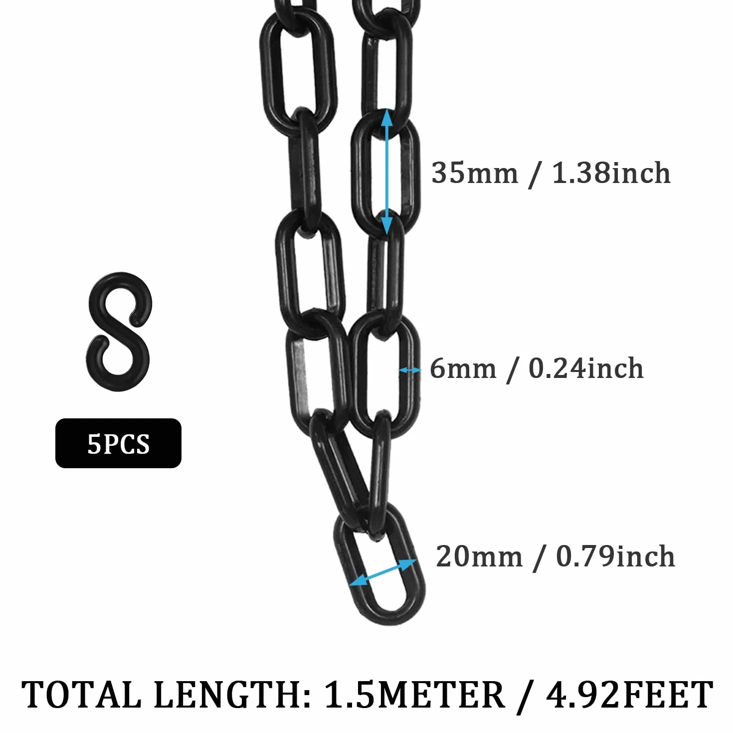 1.5 Metri Catena di Plastica Nera, 6mm Barriera a Catena per Parcheggio, Barriera di Sicurezza in Plastica con 5 Ganci, per Avviso di Sicurezza Parcheggio, Controllo Della Folla, Traffico, Coda