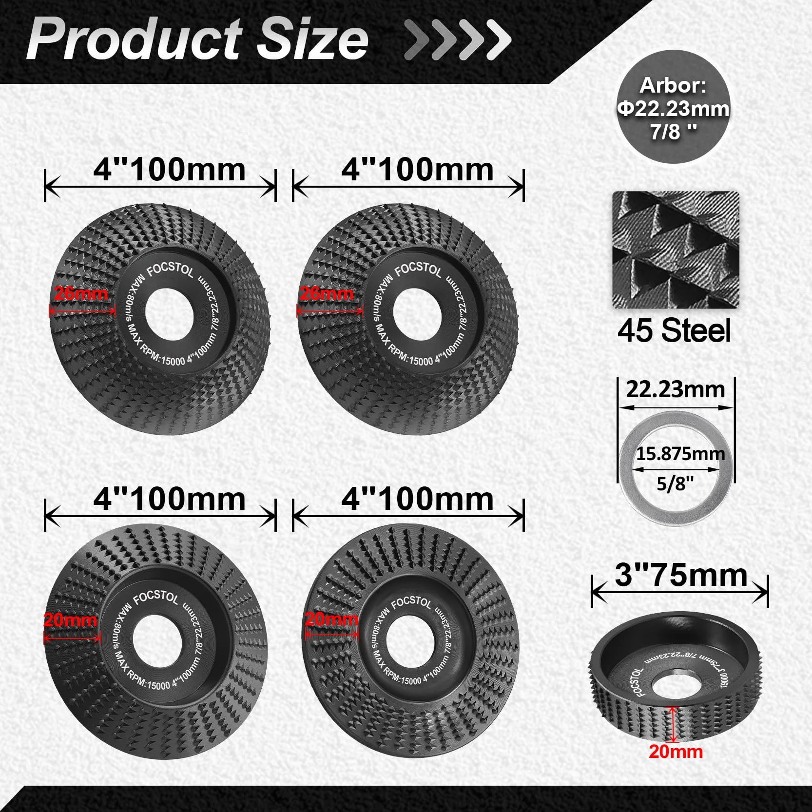 FOCSTOL Intaglio Legno Mola Disco - 5 pezzi (4 pezzi 100mm+1pezzo 75mm) Disco Smerigliatrice Foro 22,23 x 15,875mm per Legno Smerigliatura Modellatura Lucidatura Intaglio