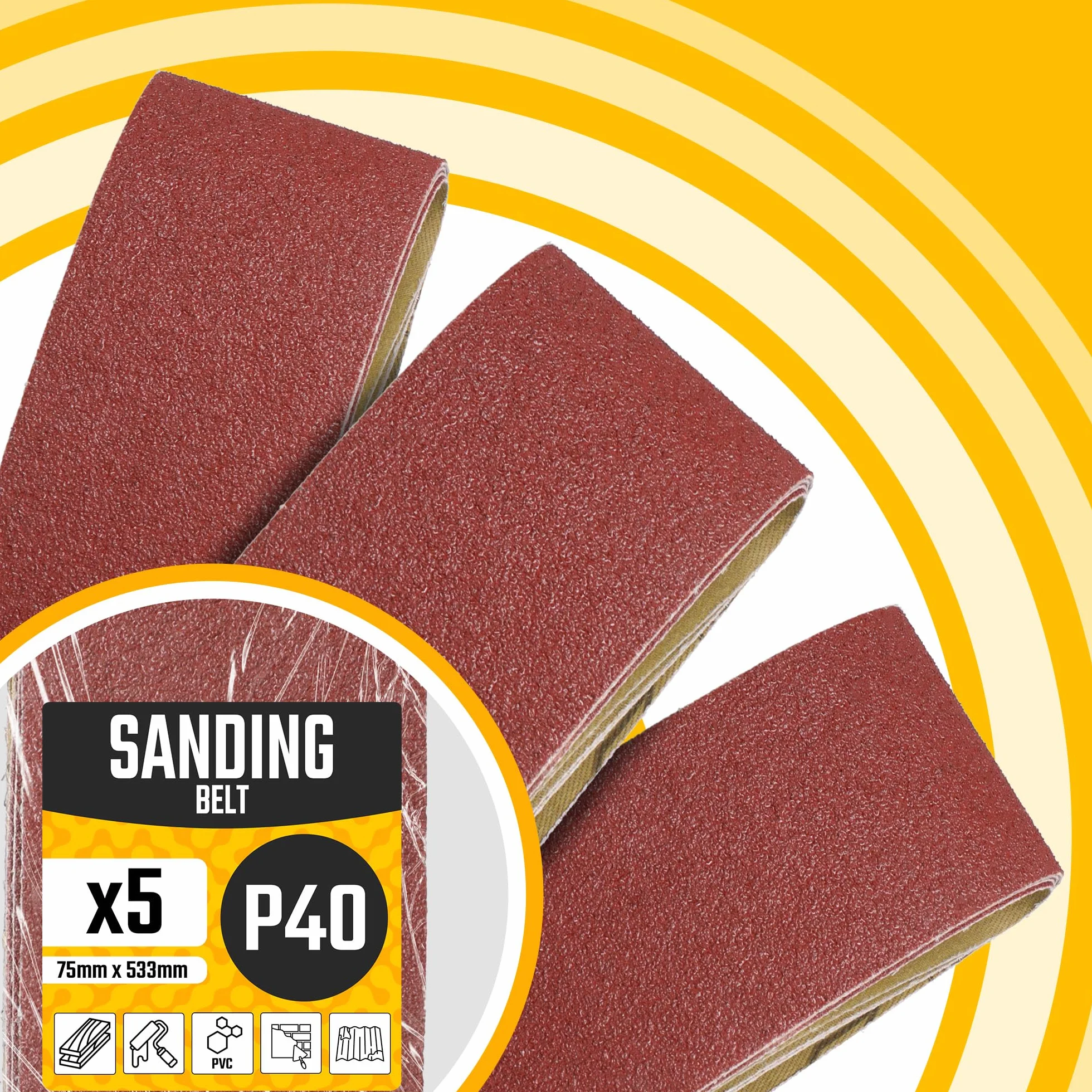 5x Nastro Abrasivo 75x533 mm P40 Levigatrice Macchina Cinghia Tessuto Carteggiatura Affilatura Sbavatura Rimozione Ruggine Legno Metallo Plastica Robusto Lunga Durata