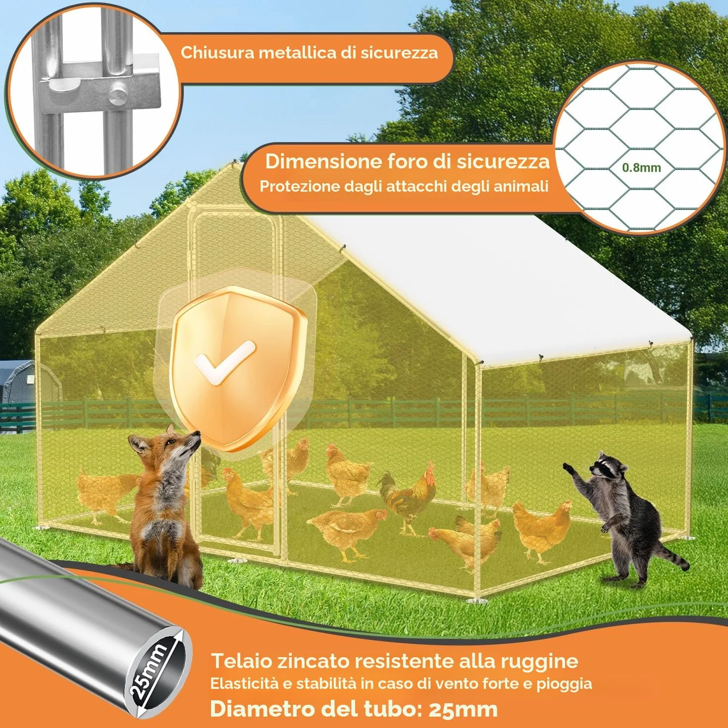 Randaco 3 x 8 x 2 m, gallina a ruota libera, XXL in acciaio zincato, con tetto parasole e porta per animali domestici, gabbia per uccelli, piccoli animali, con lucchetto