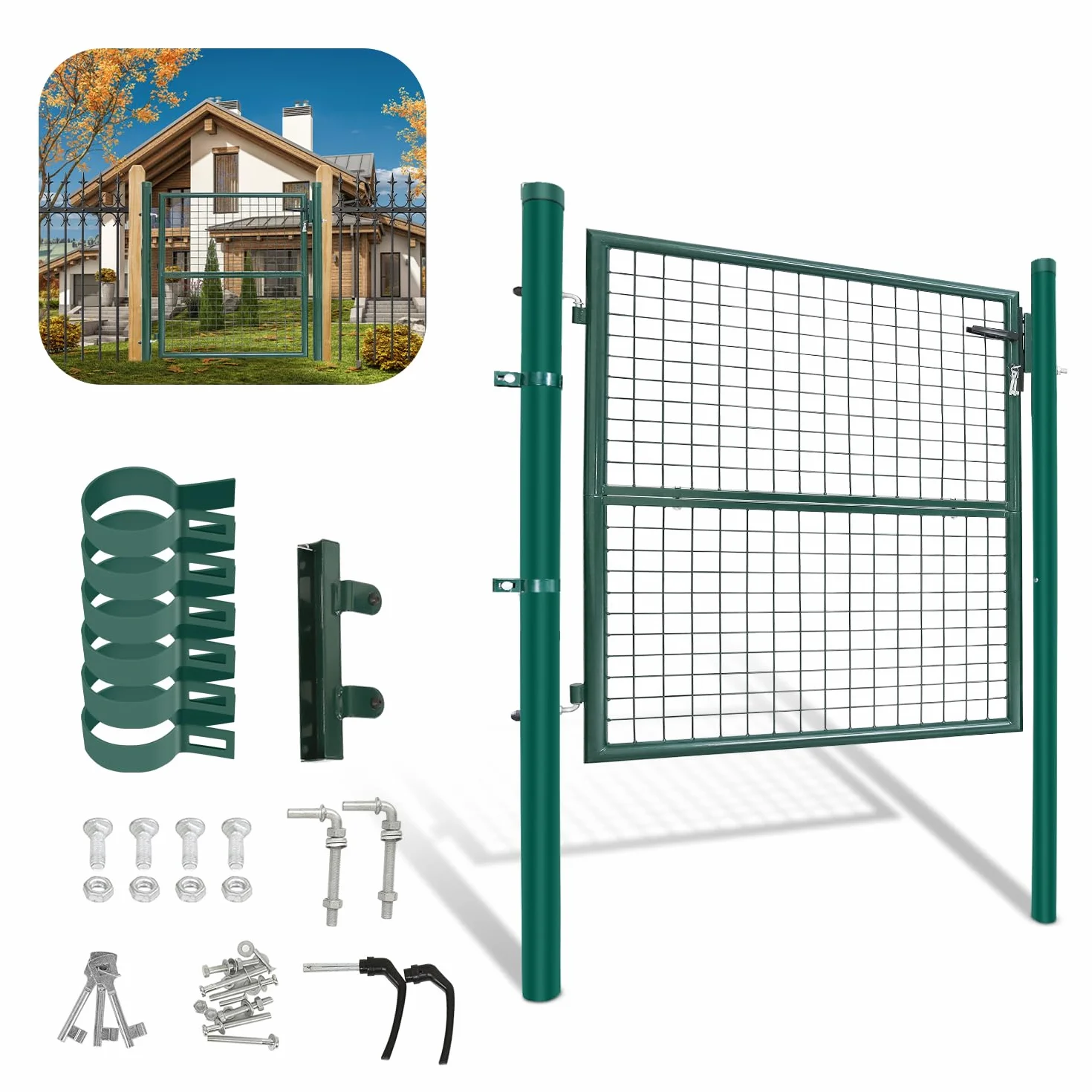 Cancello da giardino, per giardino, giardino, giardino, 125 x 100 cm, colore: verde, incl. robusto e durevole, in acciaio zincato