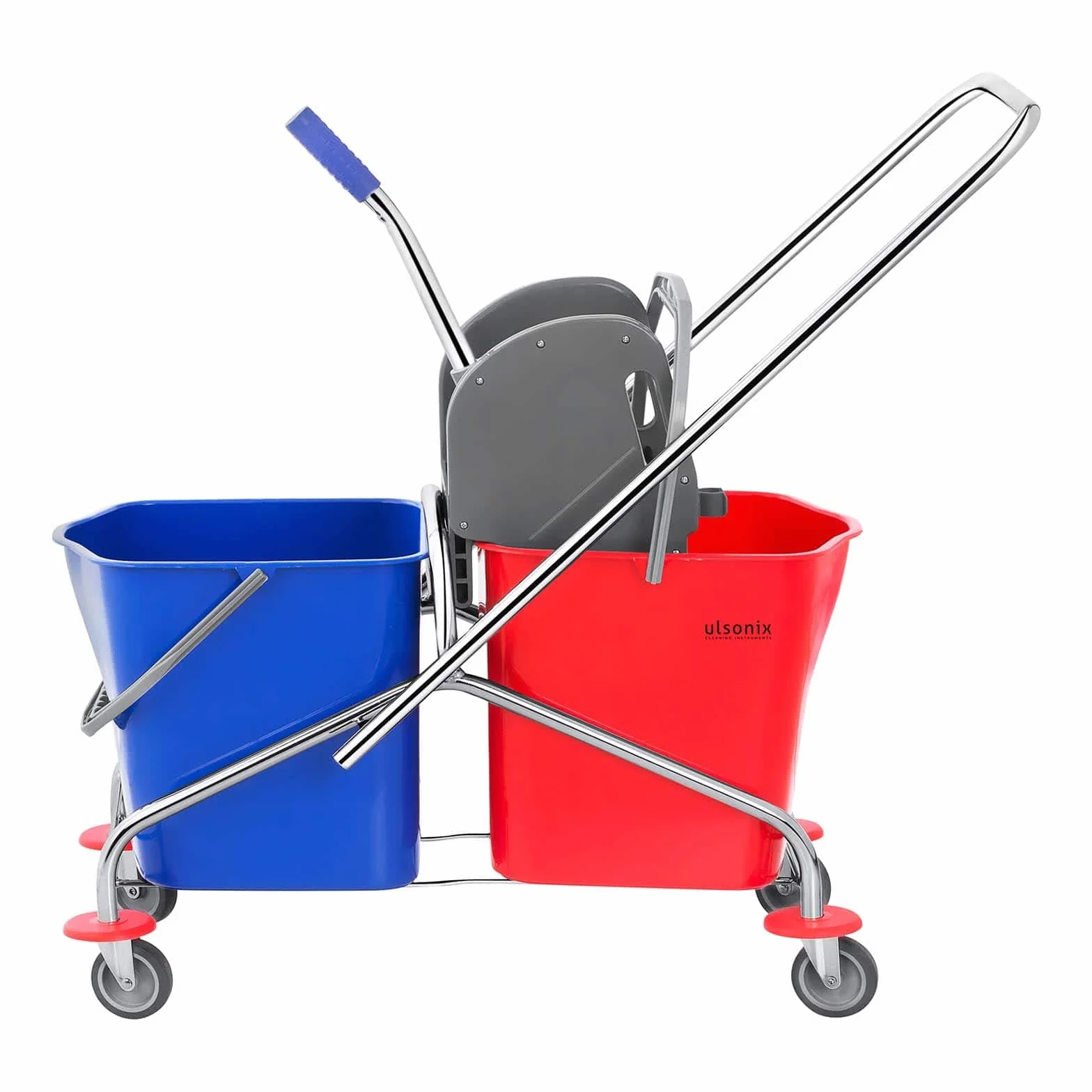 Secchio Lavapavimenti Professionale Con Strizzatore Secchio per Pavimento UNICLEAN 3 (2 Secchi, 48 L, Acciaio Cromato, Blu, Rosso)