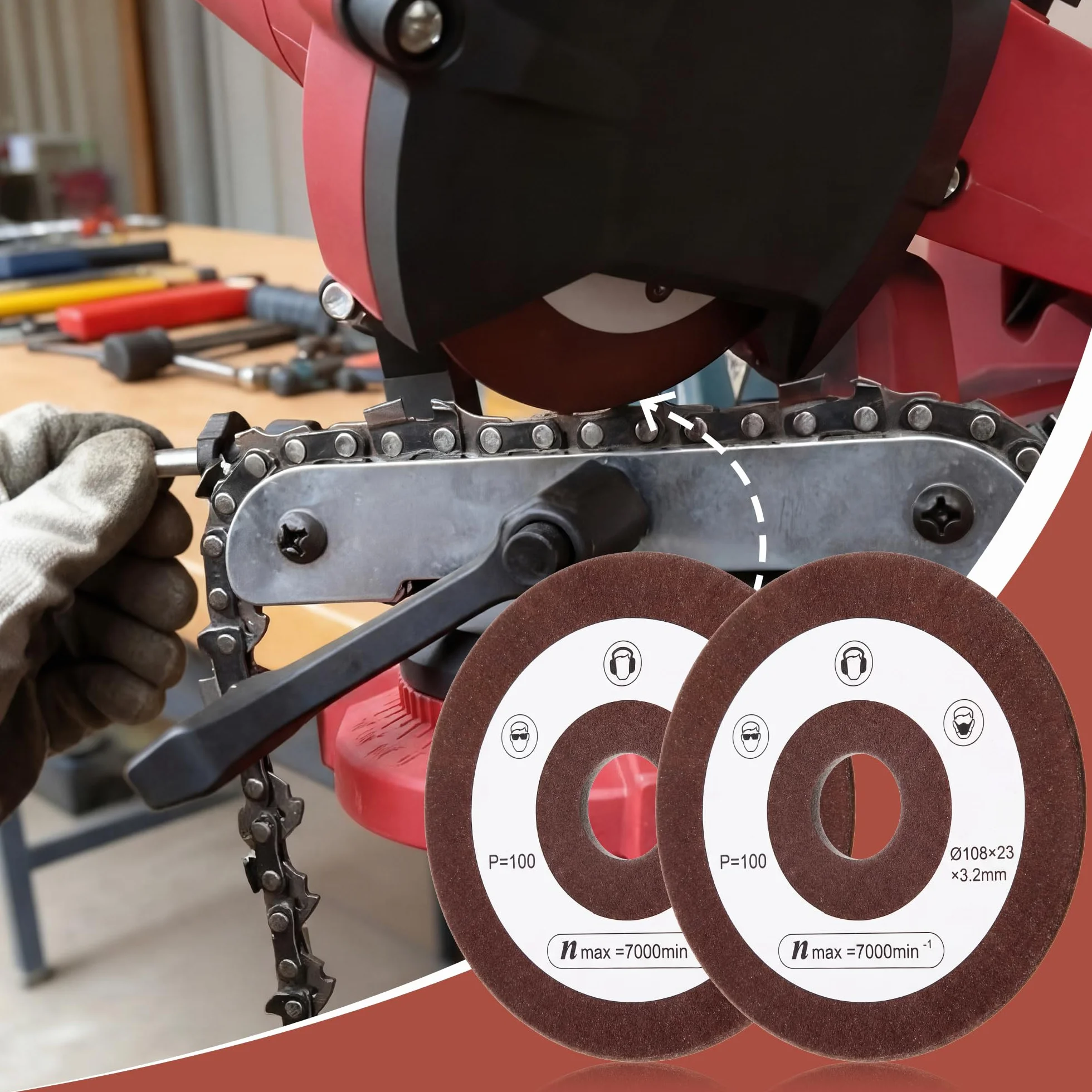 BBTO Mola abrasiva di ricambio in 2 pezzi compatibile con Einhell, diametro 108 mm, attacco 23 mm, grana P100, mola abrasiva per affilatura catene per seghe compatibile con Einhell