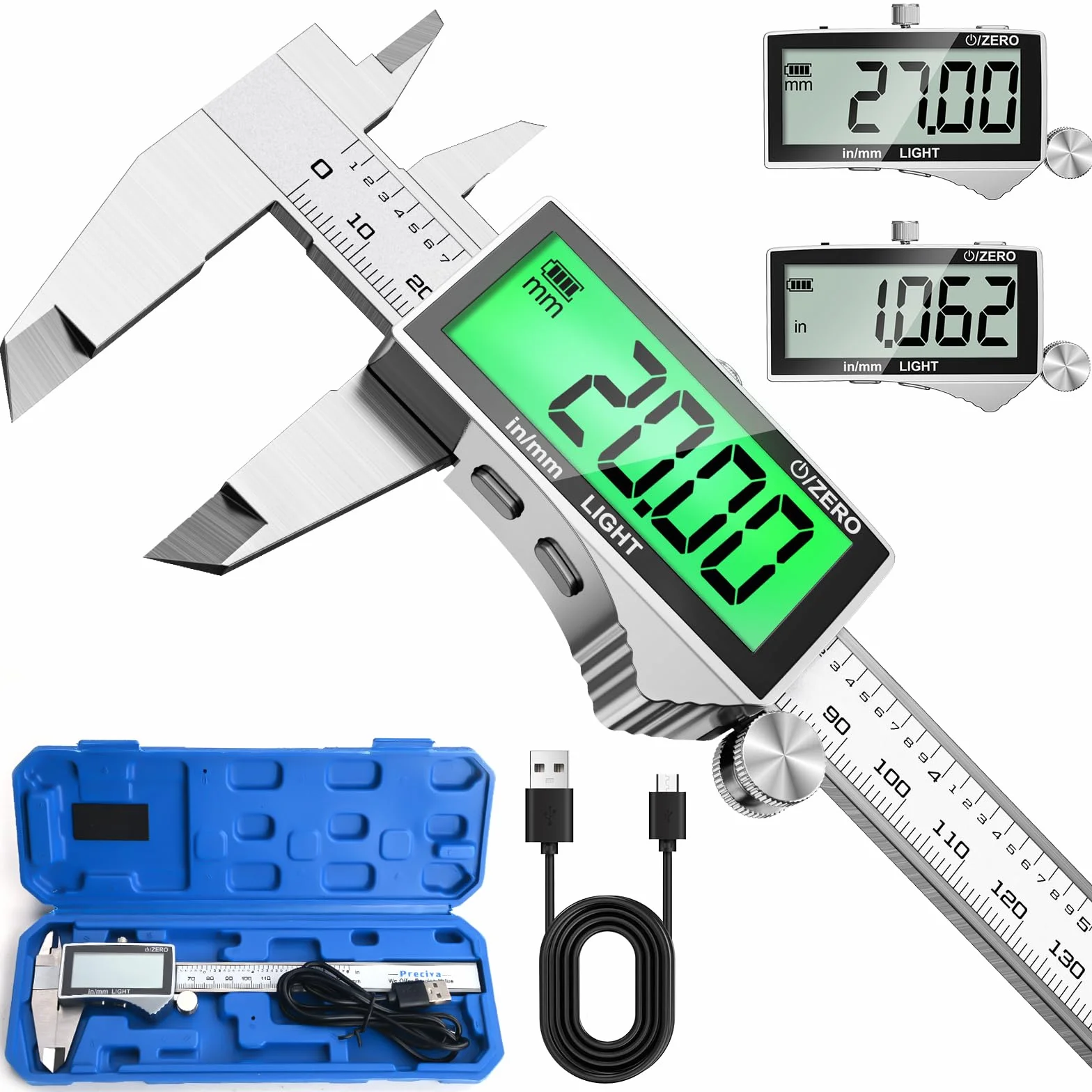 Preciva Calibro Digitale, Calibri Ricaricabile, Calibro Elettronico in Acciaio Inox con Ampio Schermo LCD Retroilluminato, Plicometro Professionale per Officina, Meccanica, Fai da Te