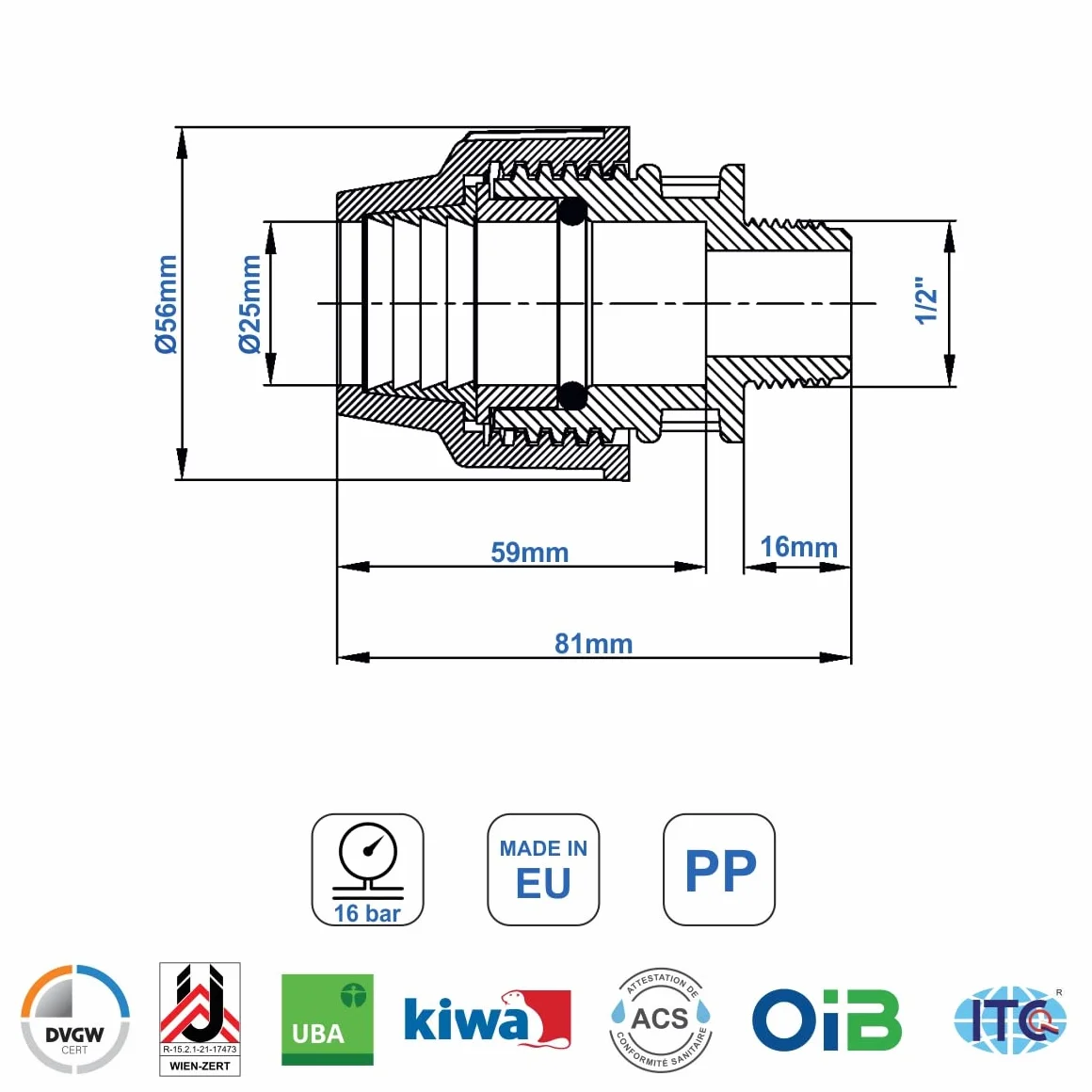 SmartProduct Connettore a compressione MDPE PP 25 mm x 1/2" maschio PP PN16 2 pezzi