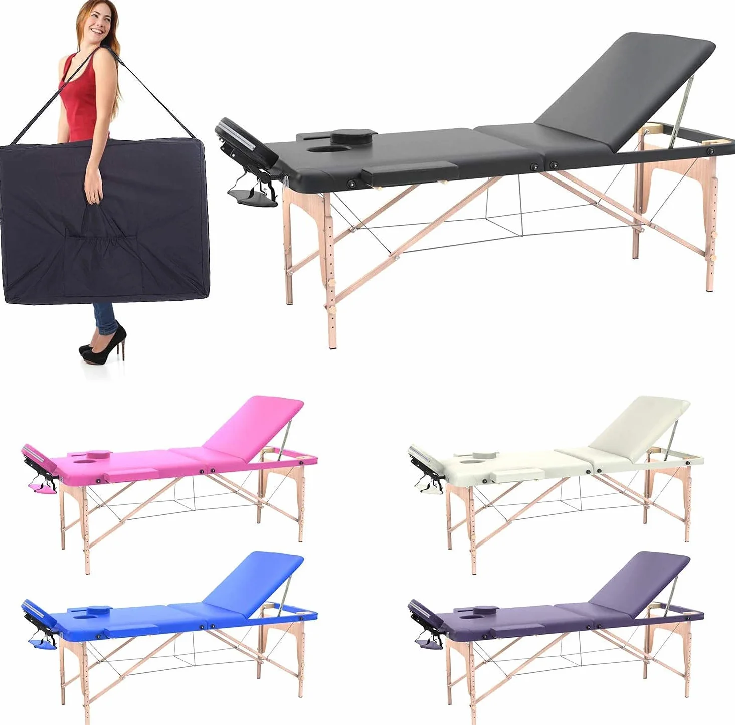 LETTINO MASSAGGIO PROFESSIONALE 3 ZONE IN LEGNO PORTATILE E PIEGHEVOLE COD-06