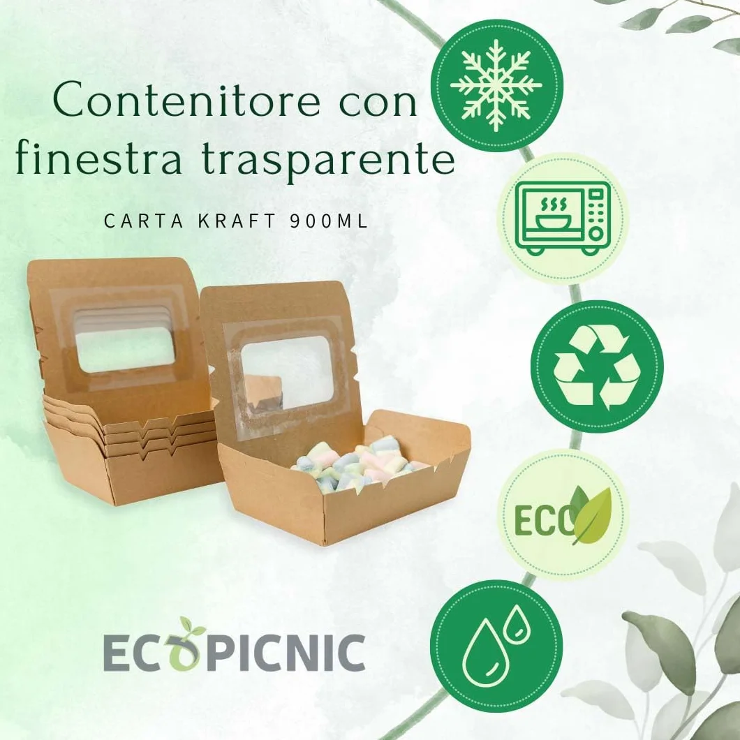 Scatole per Alimenti da Asporto 900 ml Carta Kraft con Finestra - Confezione da 100 Pezzi