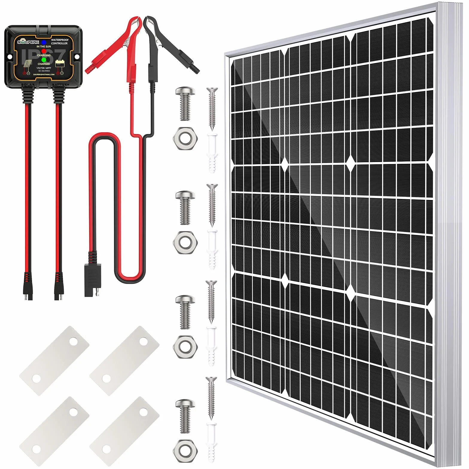 SOLPERK Kit pannello solare da 50 W 12 V, impermeabile, caricabatterie e manutenzione + controller MPPT intelligente + staffa di montaggio regolabile per barca, auto, camper, moto (senza staffa di