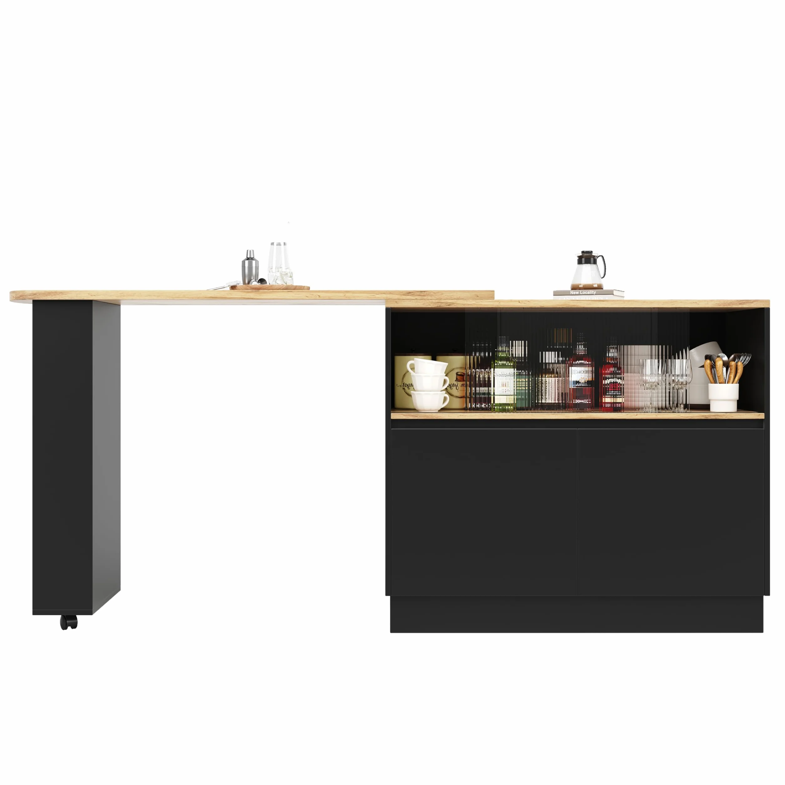 Azkoeesy Tavolo da pranzo girevole a 360° con vano portaoggetti, 90 x 45 x 100-165 cm, con ruote, ripiano laterale, ante scorrevoli in vetro, tavolo da bistrot, tavolo alto/isola da cucina, nero