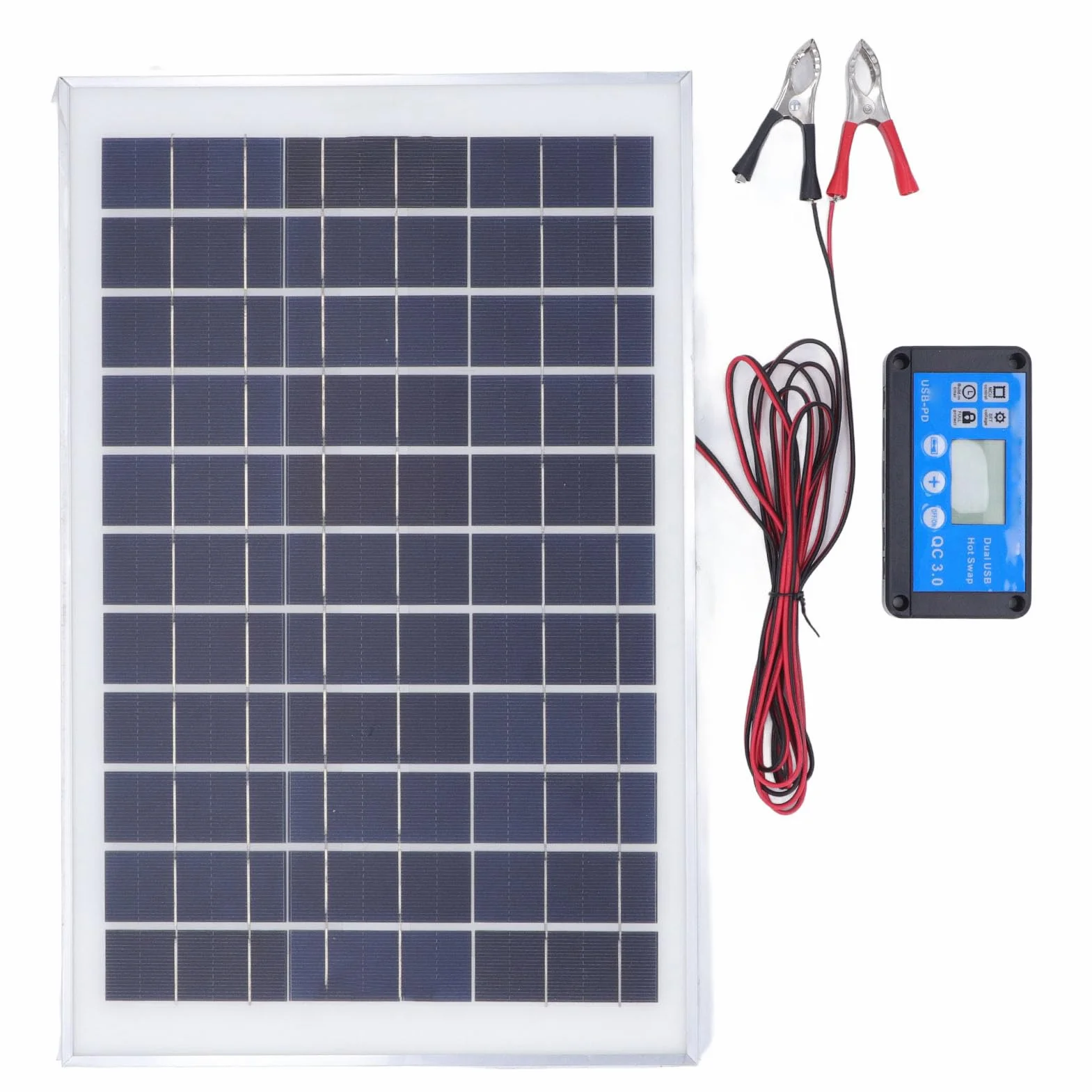Kit Pannello Solare 50W 18V con Regolatore di Carica Impermeabile MPPT Morsetto Batteria da 3 Metri per Roulotte per Rimorchio per Barca da Esterno