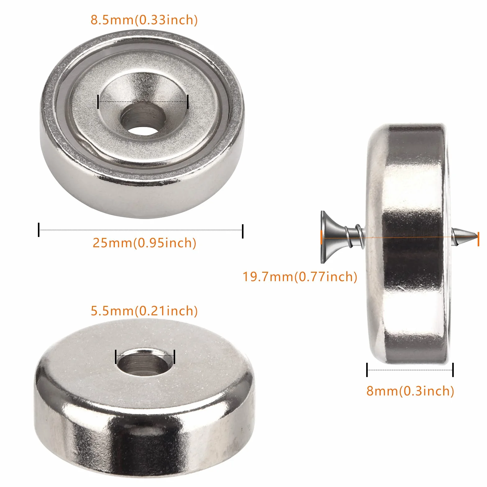 Magneti 20KG Forza 25 x 8mm Calamita Potente con Foro e Capsula, 10 Pezzi con Viti di Montaggio