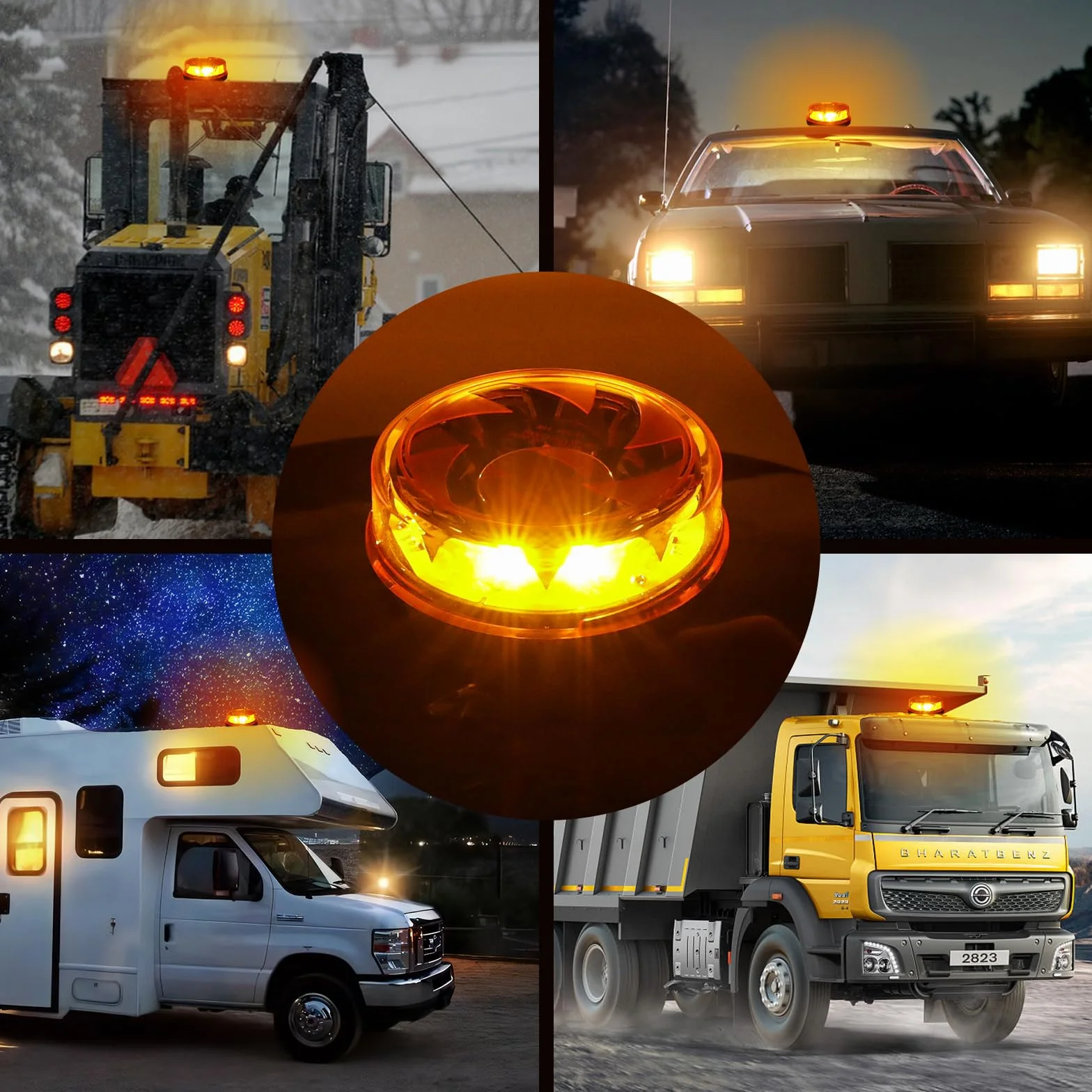 Luce di segnalazione ambra a LED, 16LEDs 12/24V lampada lampeggiante arancione 4 flash e 2 modelli rotanti per macchine agricole, veicoli commerciali, scuolabus, camion escavatori trattore