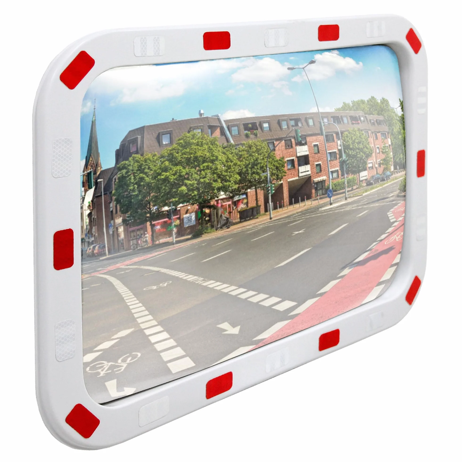 ECD Germany Specchio Stradale Convesso Rettangolare - 40 x 60 cm - in Plastica ABS - Bianco Rosso - Specchietto di Segnalazione Traffico con Riflettori Parabolico Cornice Riflettente Sicurezza Negozio