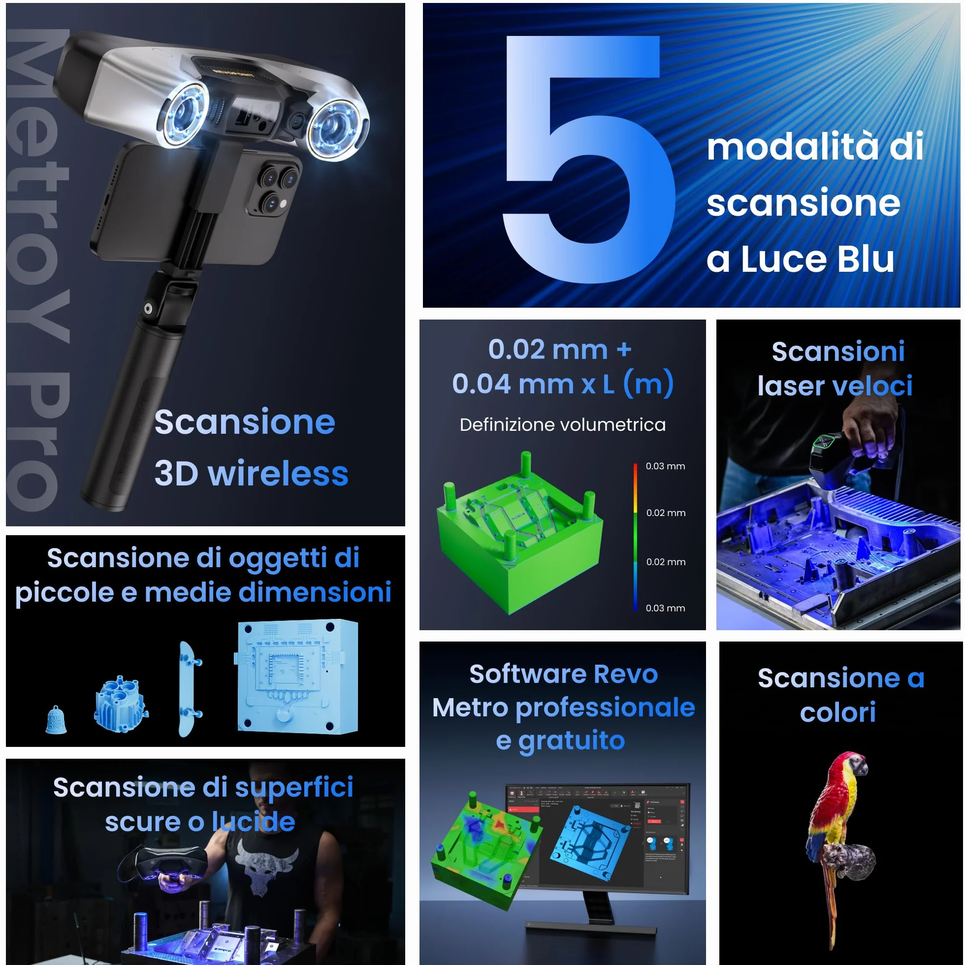 Revopoint MetroY Pro Scanner 3D per Stampa 3D, Precisione da 0,01 mm, Scanner Portatile Laser Blu Precisione Industriale 34+15+1, a Tutto Campo con a 62 Linee di Scansione, Anteprima in Tempo Reale