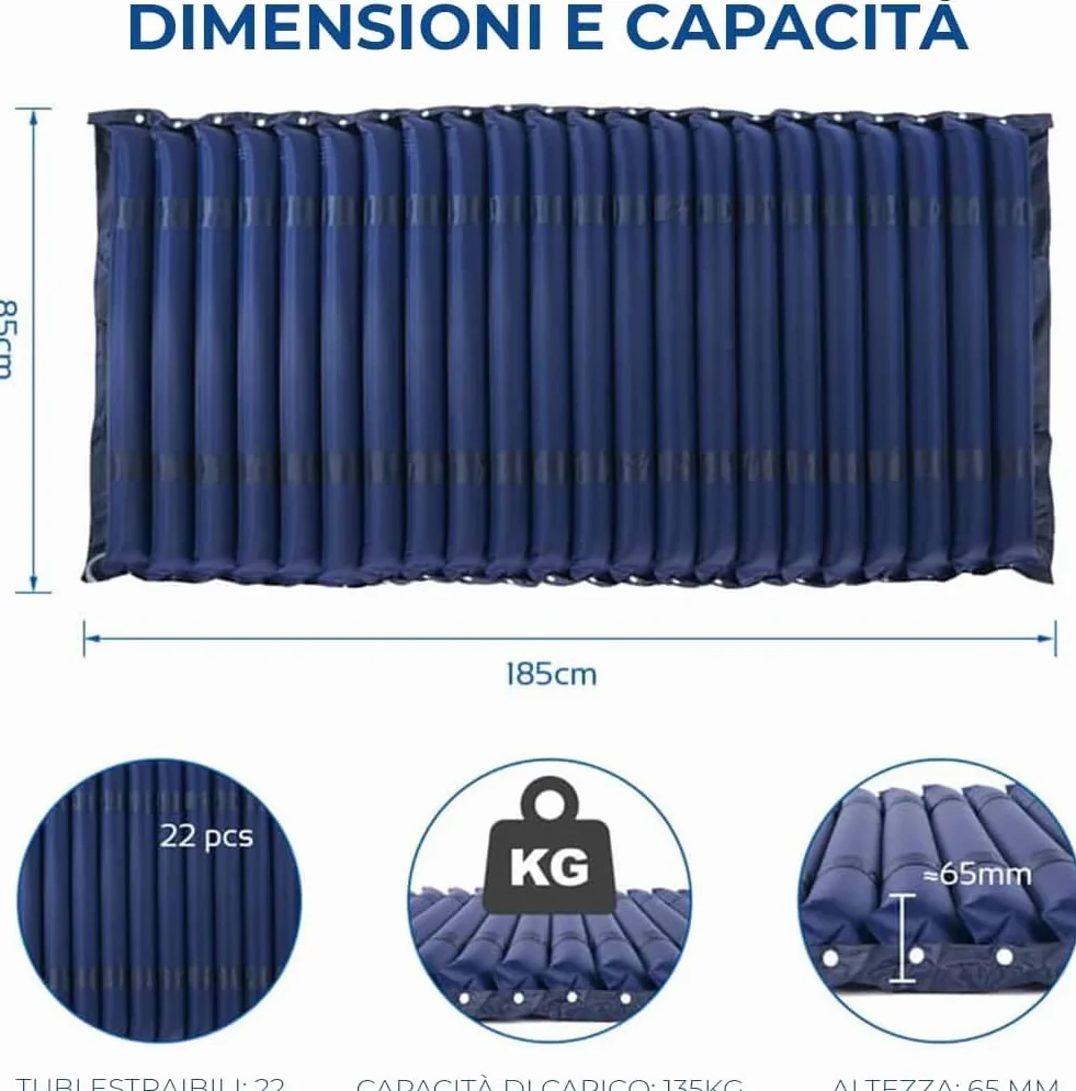 Kit Materasso Antidecubito a Strisce ad Aria Alternata, Strisce intercambiabili, Compressore incluso - Marcatura CE- PVC Medico - Previene e tratta le piaghe da decubito