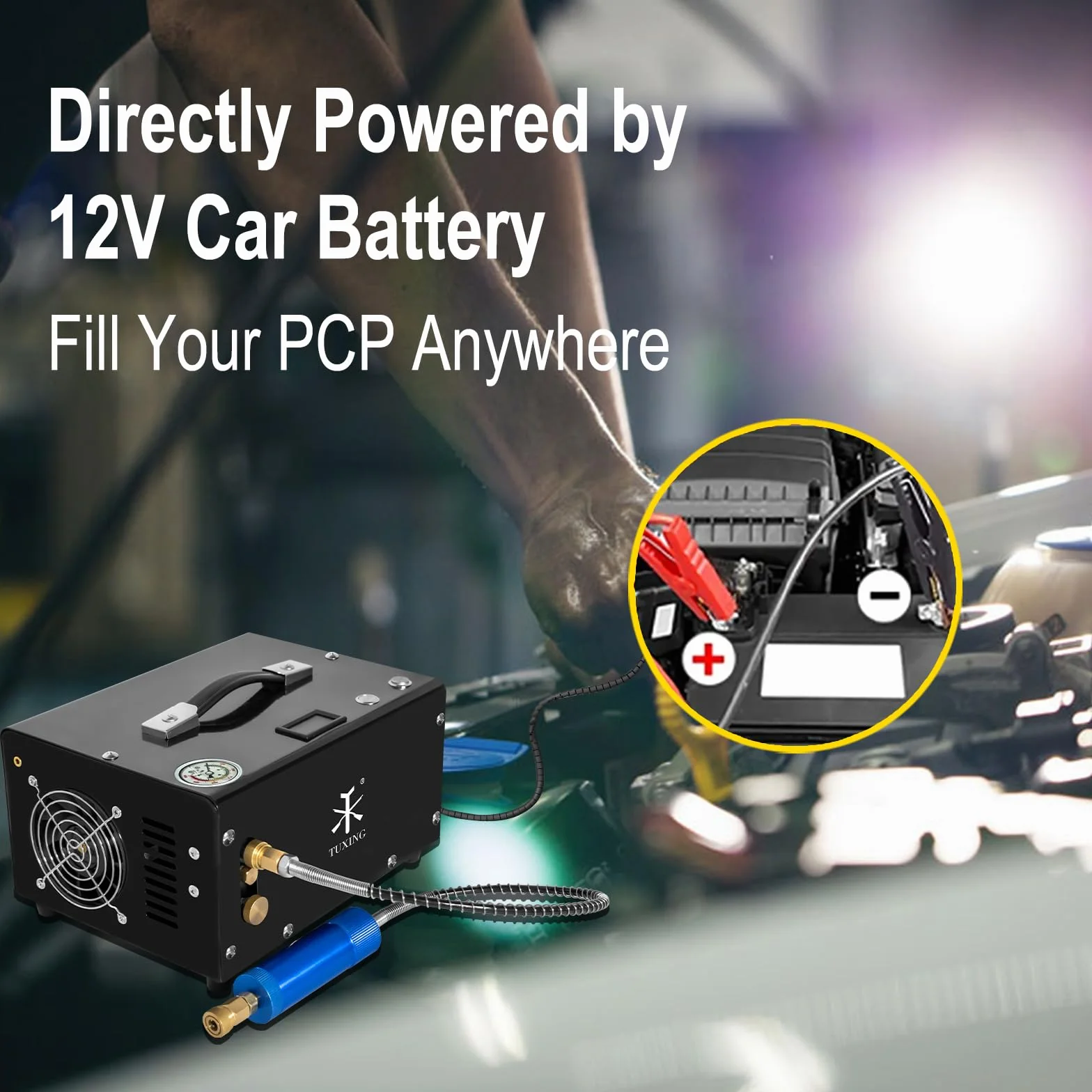 TUXING PCP compressore d'aria, olio/senza acqua, PCP fucile/pistola e Paintball serbatoio pompa d'aria, alimentato da 12V auto DC o casa 220V AC con convertitore di potenza e