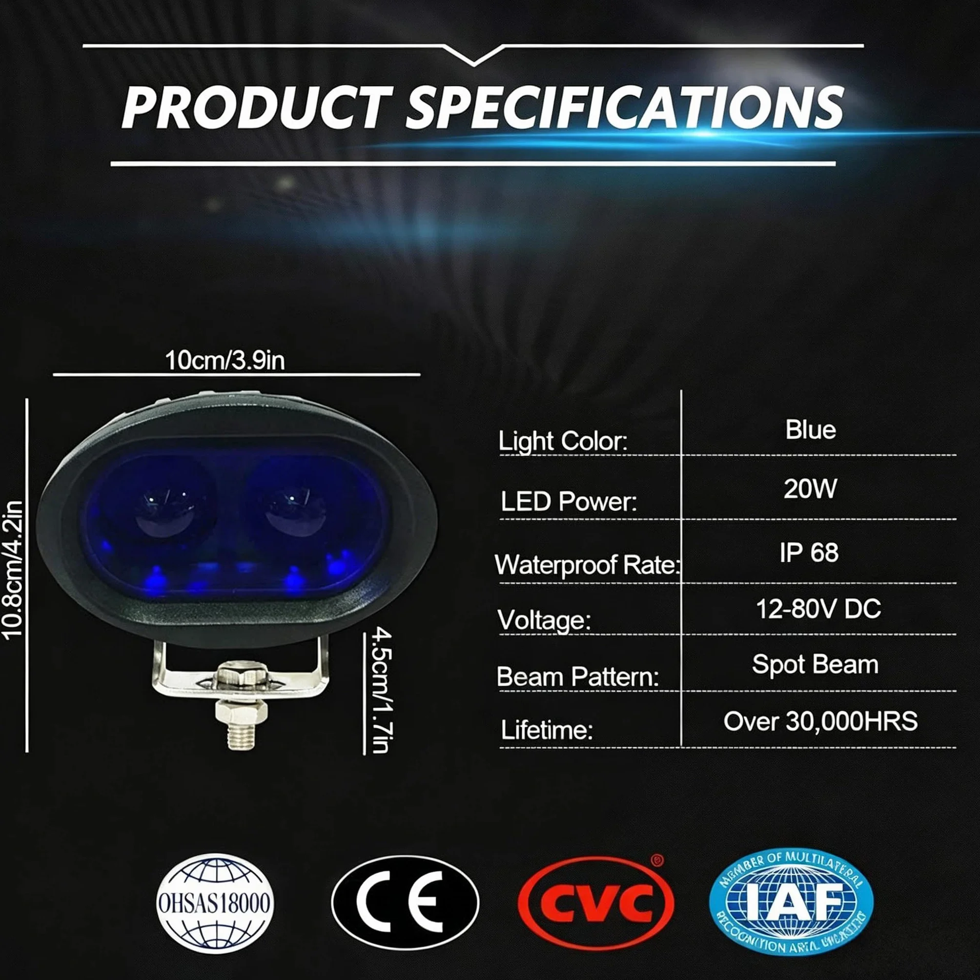 Dinfu Luce blu del carrello elevatore del LED 20W di sicurezza del magazzino della luce 12-80V per la luce del lavoro del trattore del camion offroad LED