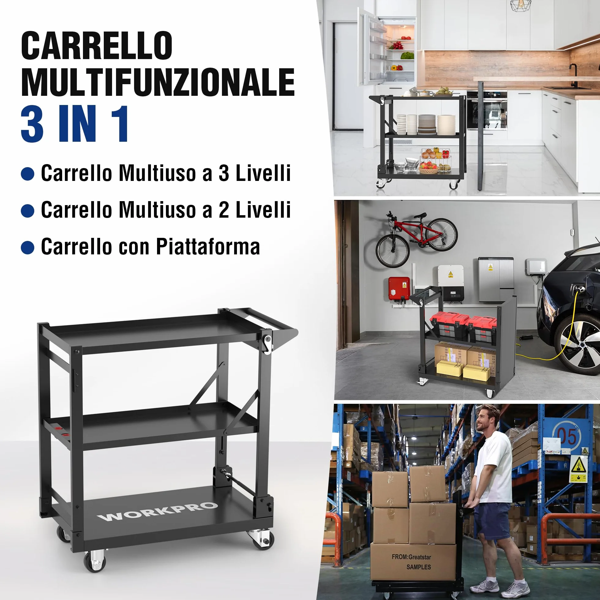 WORKPRO 3-IN-1 Carrello Porta Attrezzi con Ruote Portatutto a 3 Ripiani, Carrello Officina multifunzione carico di 135 kg con 4 Ruote (2 con Freno) Ideale per garage, magazzini, uffici, cucine
