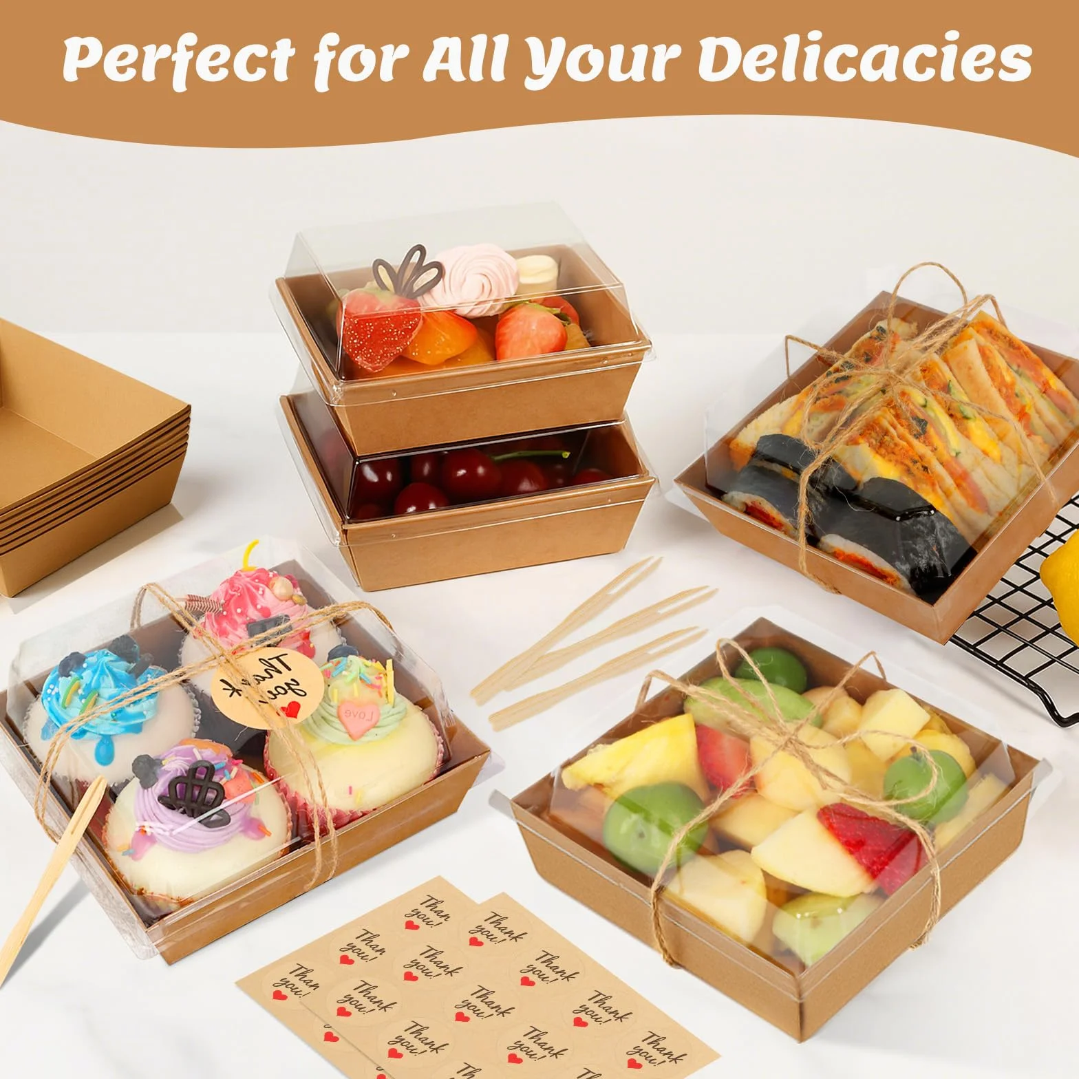 Confezione da 54 piccole scatole per salumi con coperchio trasparente, mini scatole di carta per salumi da asporto, contenitori usa e getta con coperchio, scatole da dessert per panini
