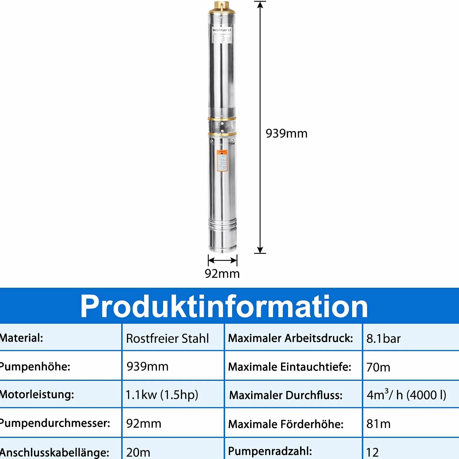 UISEBRT, pompa per pozzo profondo in acciaio inox, 1,1 kW/1,5 CV, portata fino a 4.000 l/h, pompa sommersa 1100 W, compatibile con sabbia, pompa a pressione sommersa