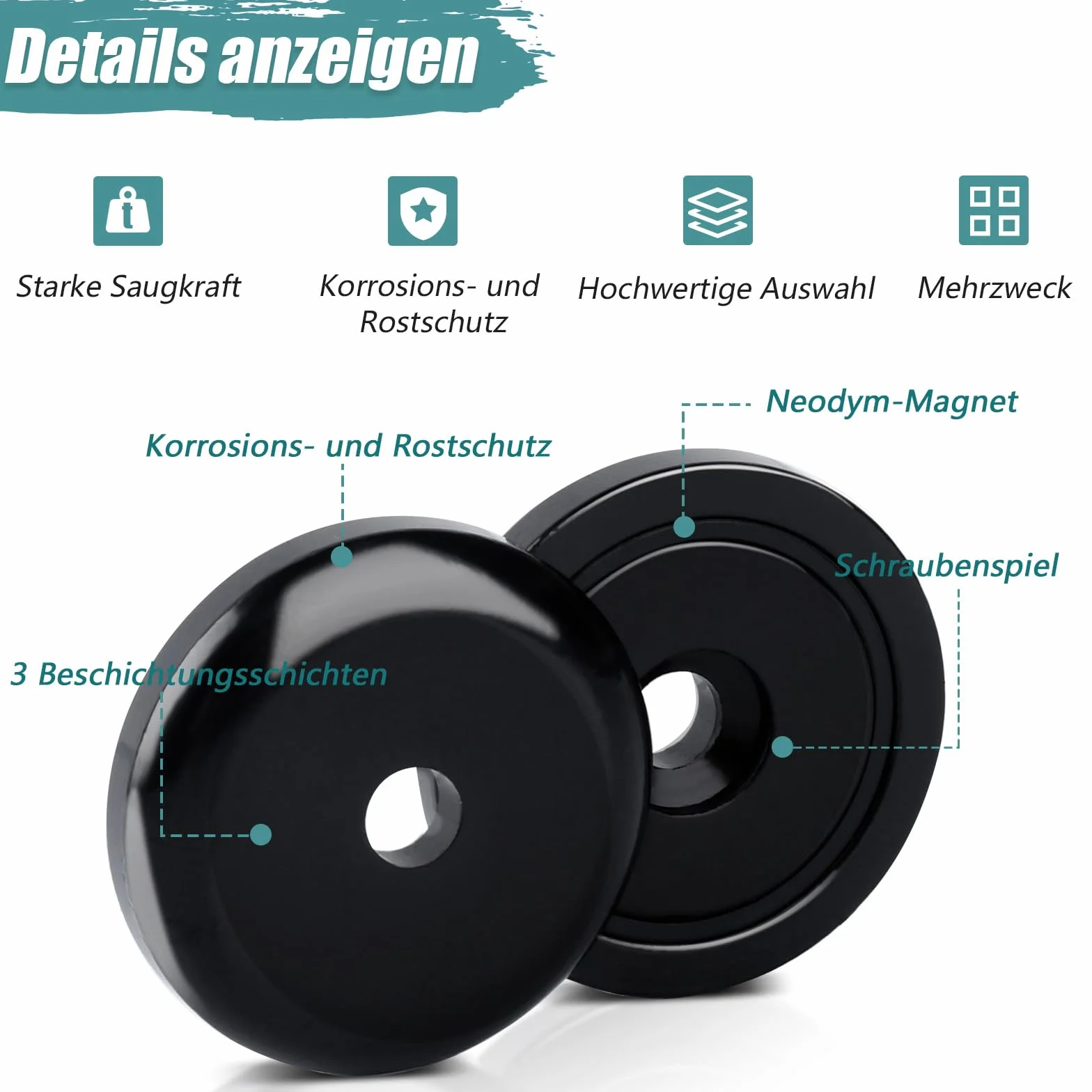 Magneti forti al neodimio 20x7 mm 10 kg nero con foro e capsula