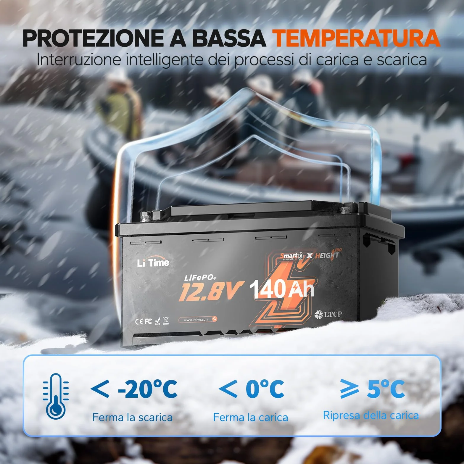 LiTime Batteria al Litio 12V 140Ah H190 per Camper, Batteria LiFePO4 12V con Bluetooth, 4000-15000 Cicli Profondi, Energia 1920Wh, Perfetta per RV, Furgone Camperizzato, Impianto Solare, Barche