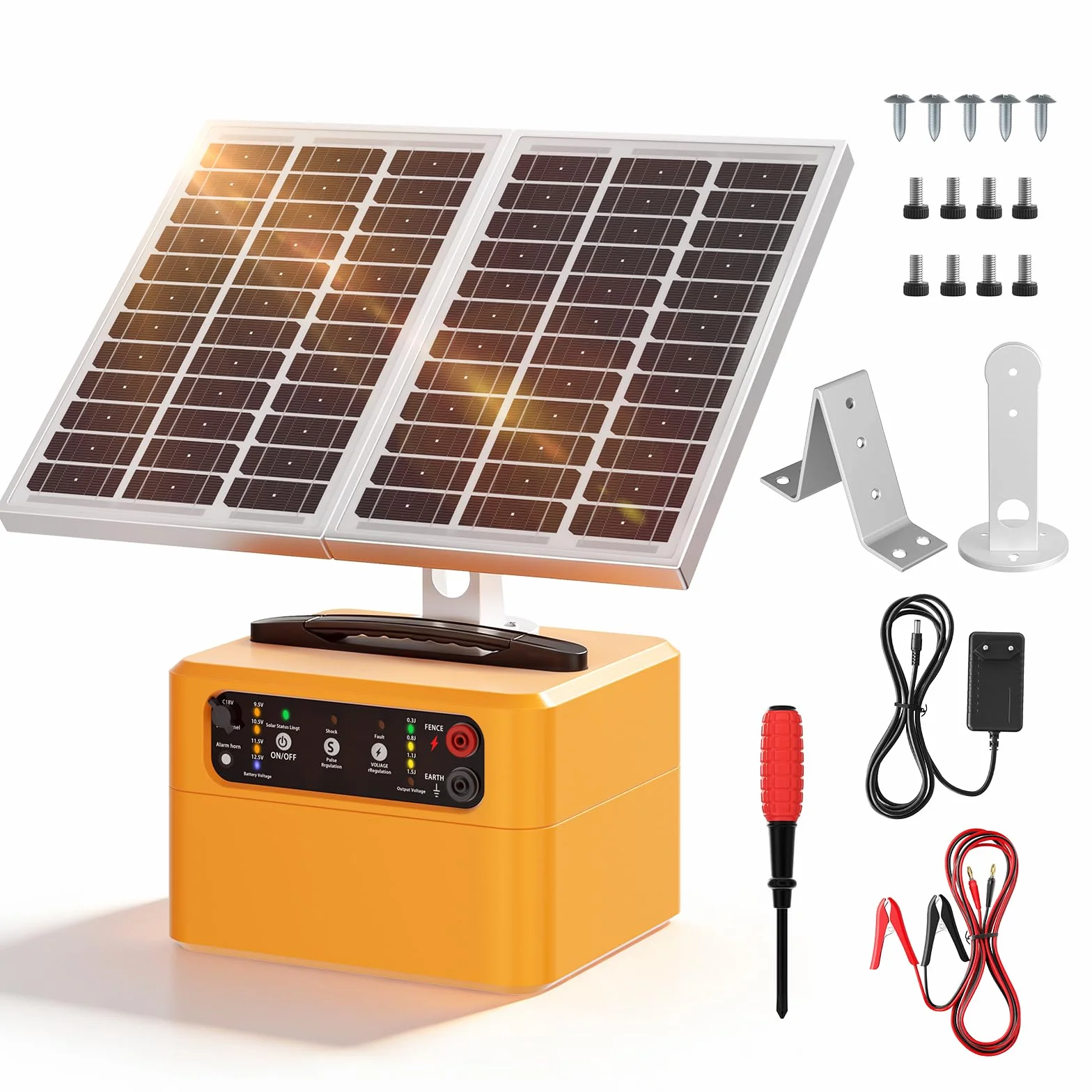 Caricatore solare per recinzione elettrica da 30 km, kit recinzione elettrica regolabile da 0,3 a 1,5 joule con pannello solare da 15 W/batteria da 7 Ah, portatile con uscita fino a 12 kV