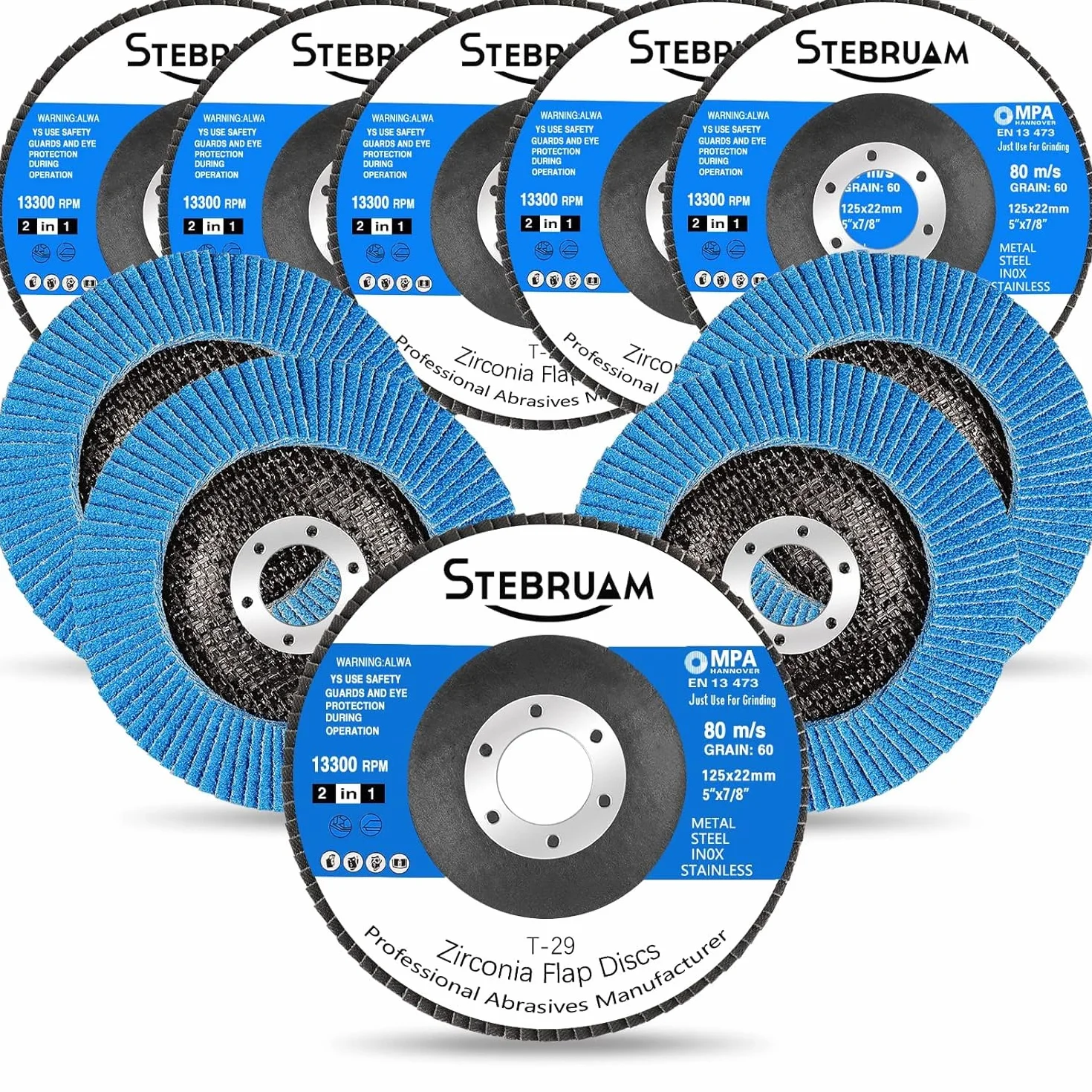 STEBRUAM 10 pezzi dischi lamellari da 125 mm, Disco Abrasivi grana 60, per Smerigliatrice Angolare a Batteria, GWS, BTI, Acciaio Inossidabile Metallo e Legno