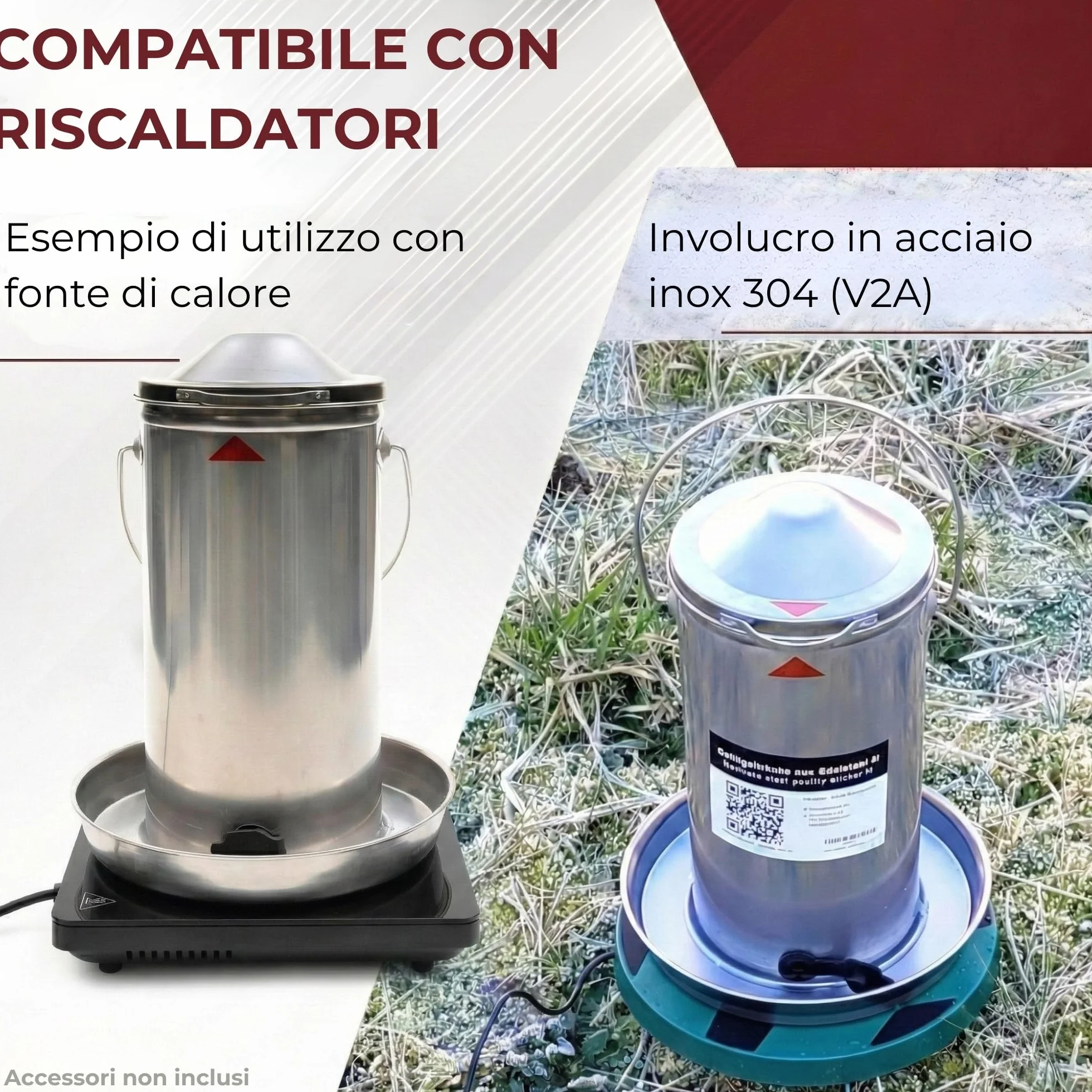 Abbeveratoio per Galline 4L in Acciaio Inox 304 (V2A) – Riempimento dall'alto, compatibile con riscaldatori e piastre riscaldanti, per pollaio