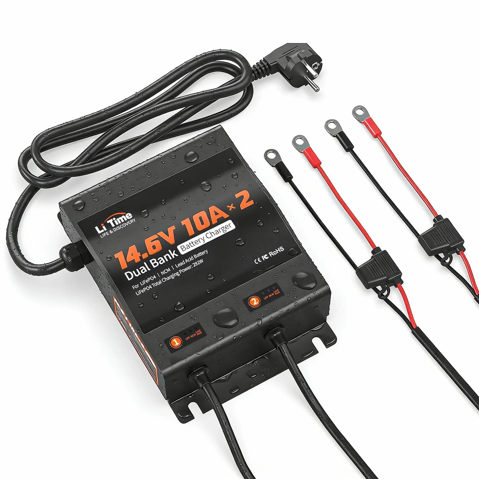 LiTime LiFePO4, 14,6 V, 10 A, IP67, impermeabile, 2 canali, 12 V AC-DC, con connettore Anderson, display LED, caricatore appositamente progettato per batteria al litio 12 V