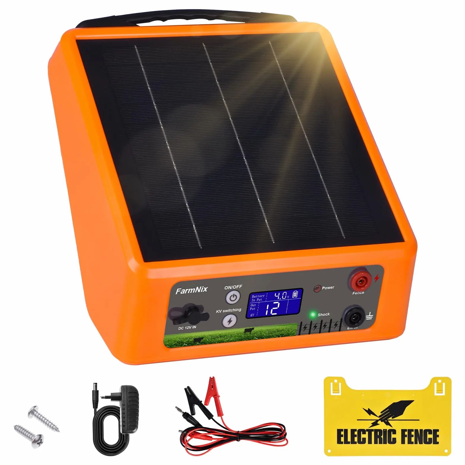 Elettrificatore Recinto Elettrico Solare 32KM, Uscita 6-12KV | 0.3-2.0J Regolabile, con Batteria Litio 18Ah, Pannello 6W IP55 per Cavalli, Bestiame, Pecore, Cinghiali