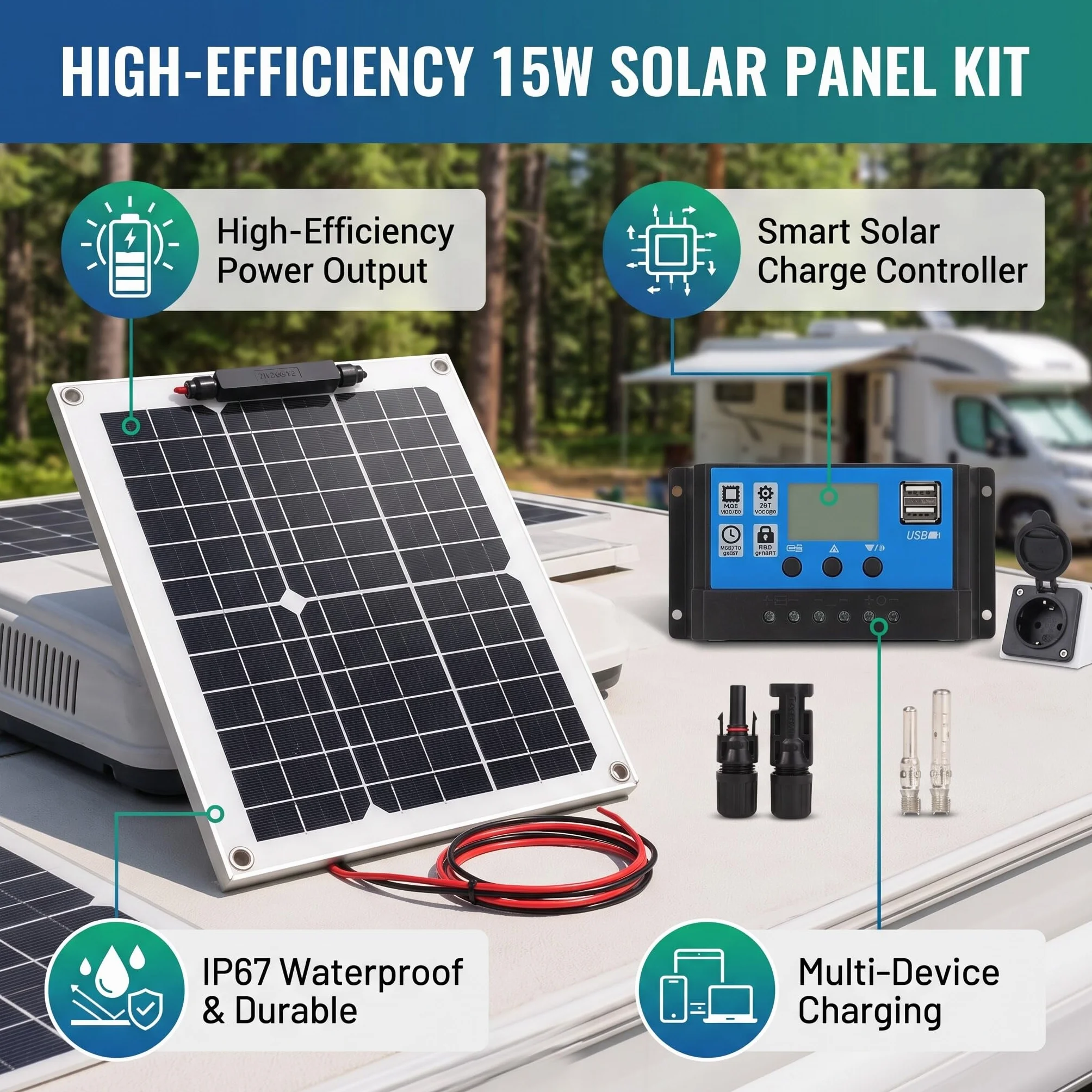 Pannello Solare 300W Alta Efficienza per Campismo e Outdoor con Regolatore di Carica IP67 - Kit Solare Completo 12V/24V 50A per Auto e