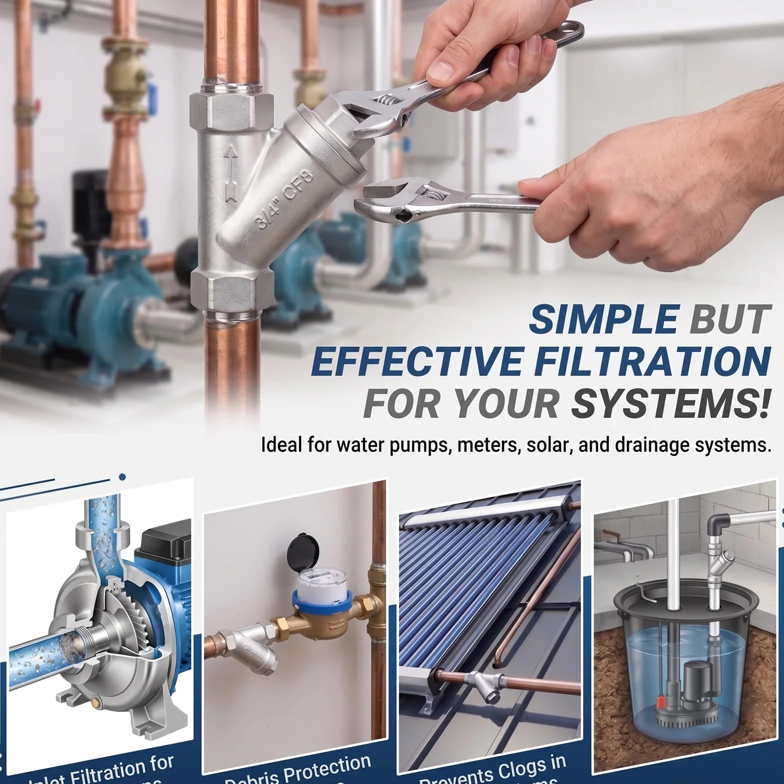 Filtro a Y in acciaio inossidabile 304, valvola filtrante for tubi filettati NPT, for impianti idraulici for pompe ad acqua for carichi pesanti, sistemi solari resistenti alle(3/8" DN10)