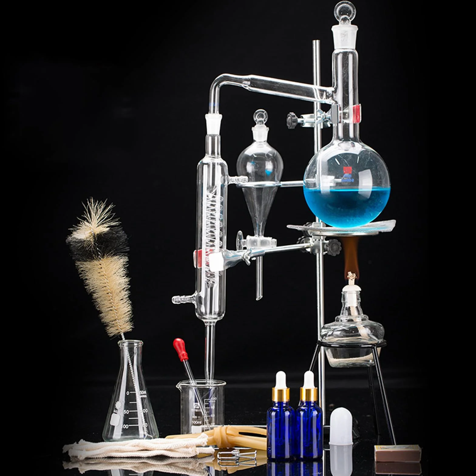 Kit per distillazione in laboratorio, apparecchio per distillazione a vapore in vetro per chimica, kit per distillatore di oli essenziali da 500 ml, attrezzatura per distillazione in vetro da