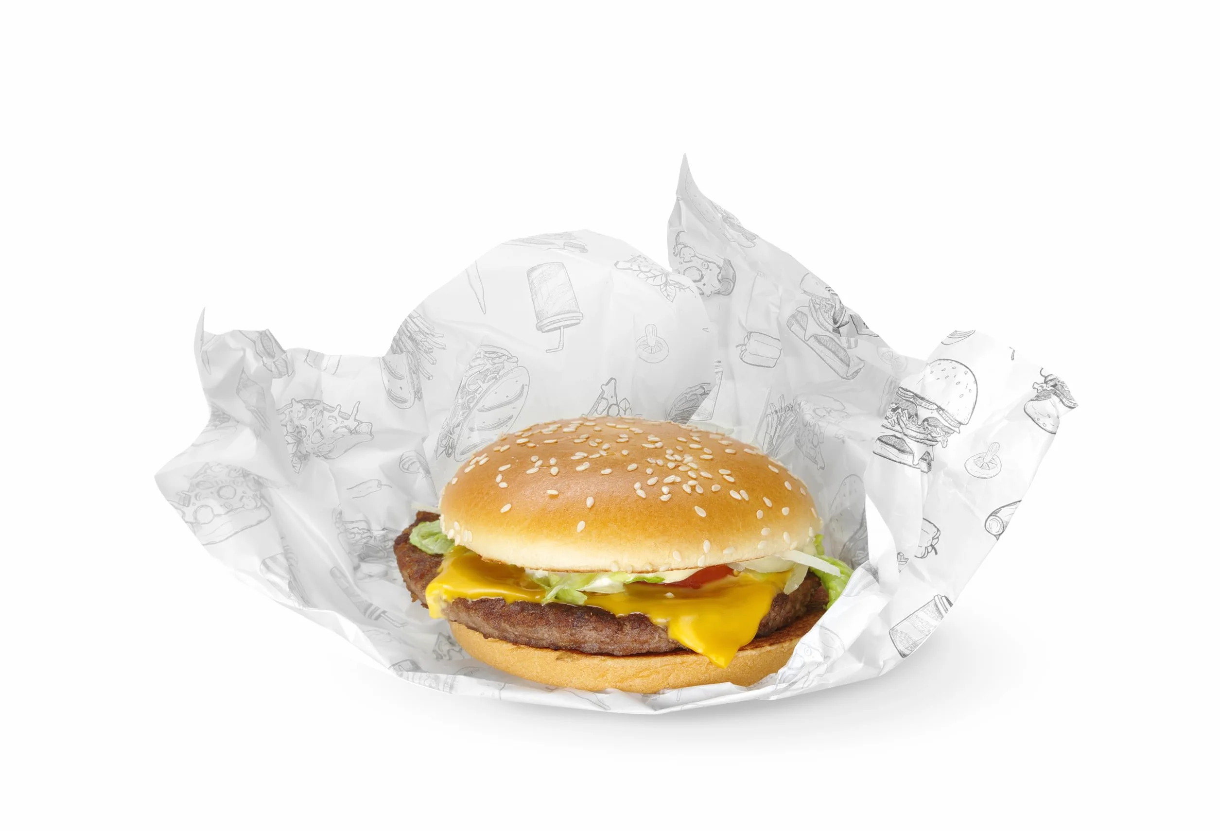 HENDI Carta alimentare antigrasso, confezione da 500 fogli, resistente ai grassi, carta cerata in bianco e nero con illustrazioni di hamburger per avvolgere o servire alimenti, 305x305mm