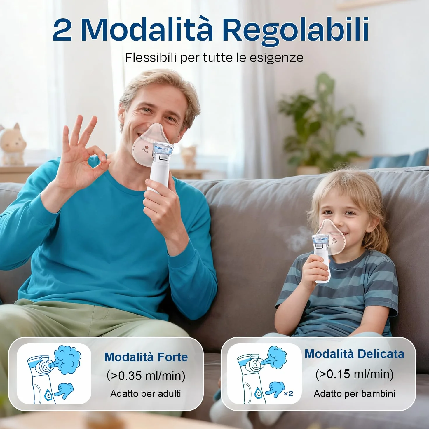 Aerosol Portatile Silenzioso Ricaricabile 2 Modalità Regolabili per Adulti e Bambini con Maschere e Boccaglio