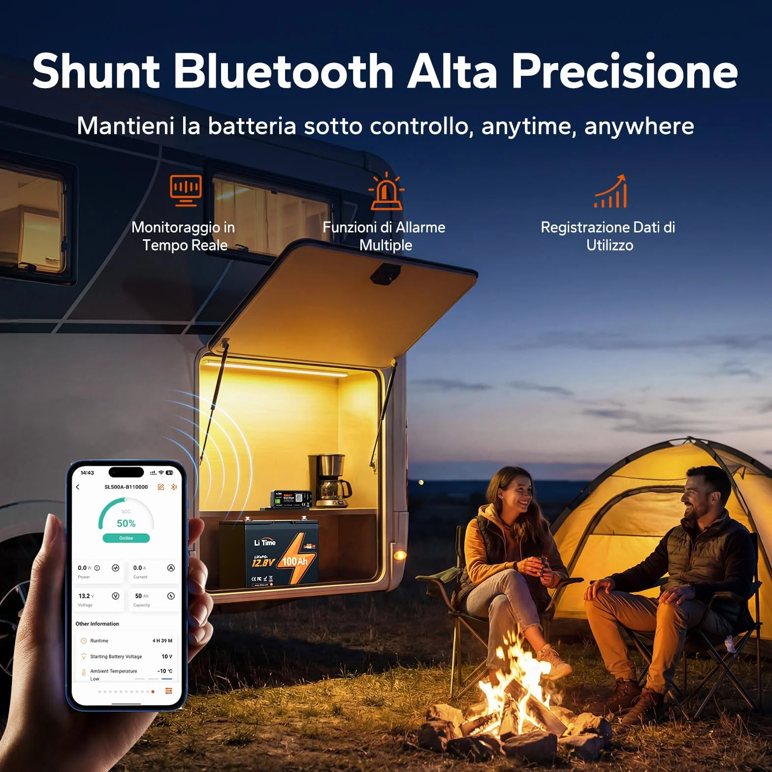 LiTime Smart Shunt 500A, Monitor Batteria Bluetooth 8V-120V con SOC, Allarmi e Cronologia tramite App per Batterie Litio/LiFePO4, AGM, GEL, per Camper, Barca e Accumulo Domestico
